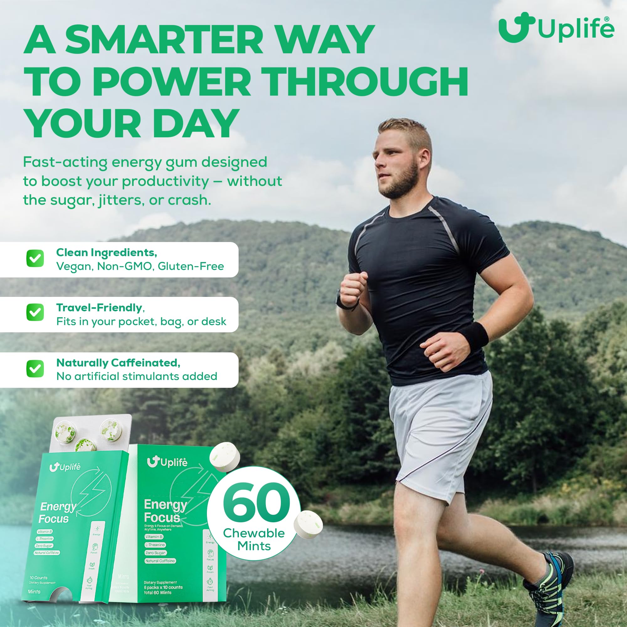 UPLIFE Energy and Focus Mint 60 Pcs – Made in USA - Peppermint – Natural Caffeine Mint Coffee Alternative - Organic Mint with 40mg Caffeine + 80mg L-Theanine + B3 & B12 - Suger Free, Non GMO