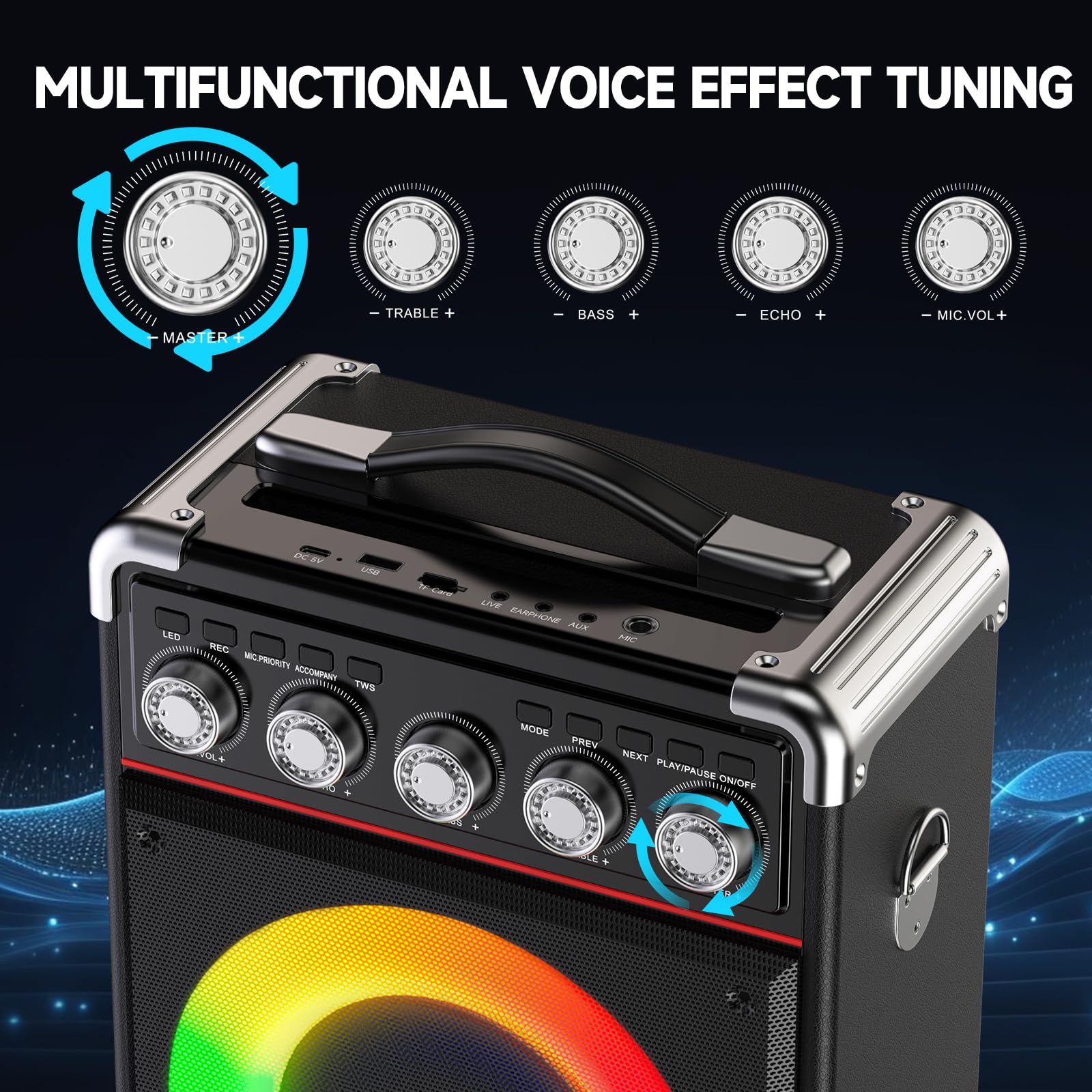 Karaoke Machine with 2 Microphones: HWWR Portable Karaoke Machine for Adults Kids, Bluetooth Karaoke Speaker with Bass/Treble Adjustment, PA System with Remote Control/LED Lights, Support REC/USB/AUX