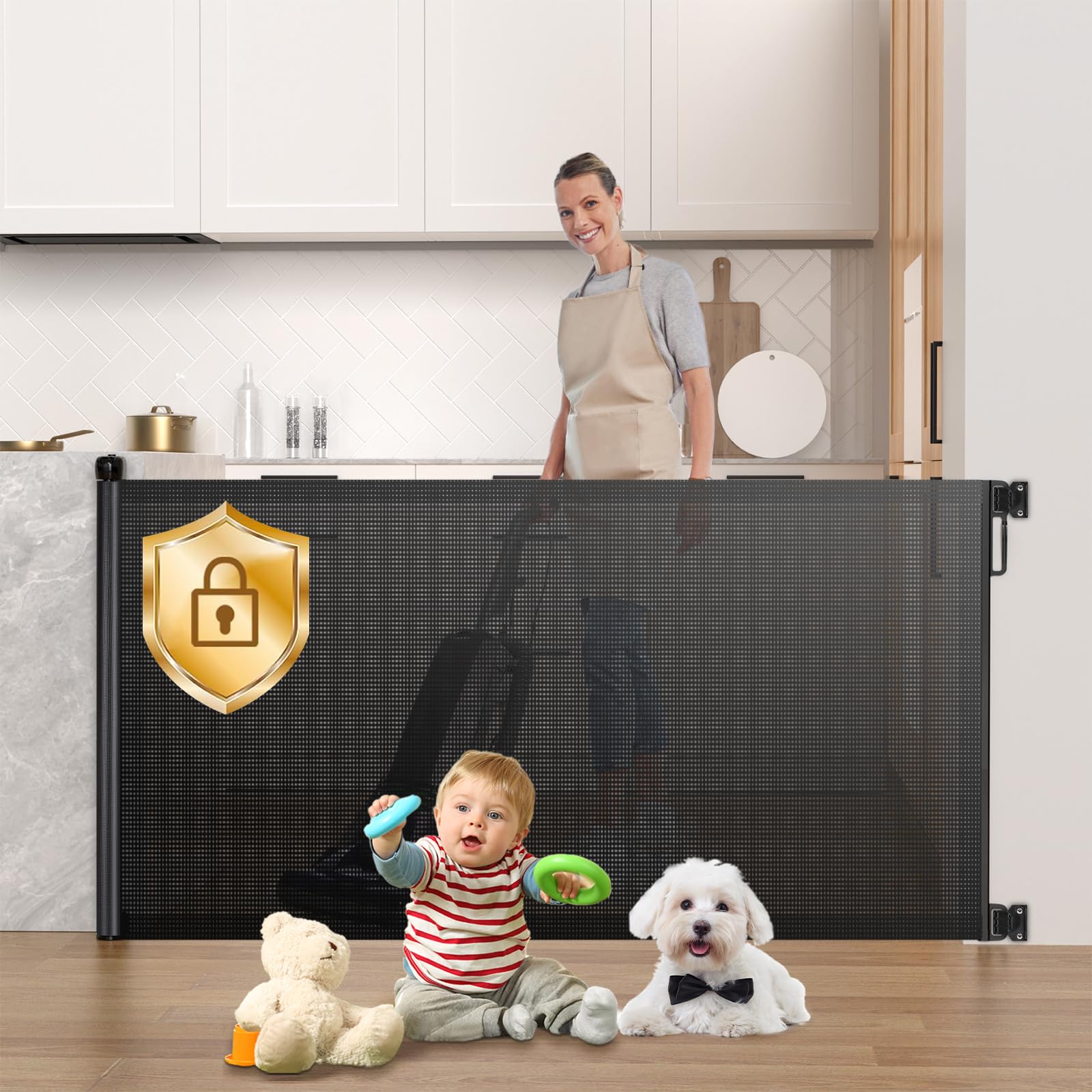 HAMOPY Retractable Baby Gates, 33" Tall, Extends up to 72" Baby Gates Extra Wide, Mesh Gate for Kids or Pets with Alarm, Durable Child Safety Gate for Doorways, Hallways, Stairs, Indoor/Outdoor(Black)