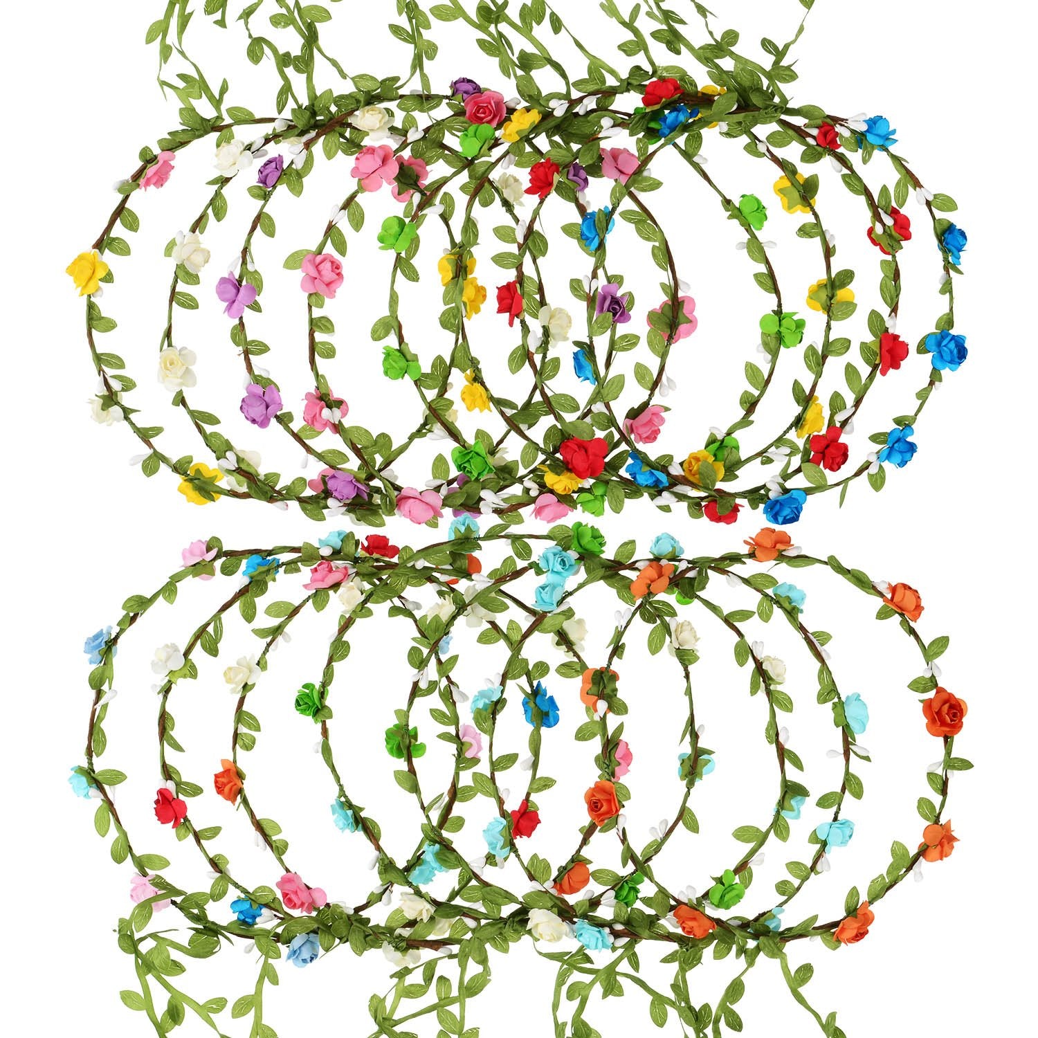 EBOOT 15 Pieces Assorted Colored Flower Crown Wreath Headband Garland Multicolor Headbands Floral Headpiece for Wedding Festival Vacation Fairy Party Photography Props