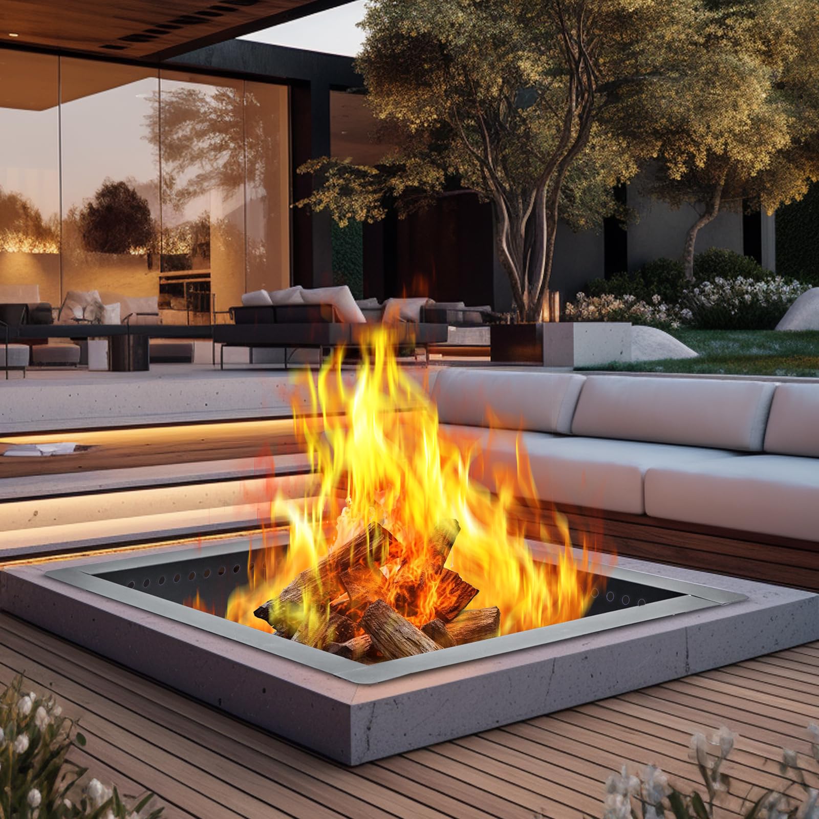 Grovellis 42 inch Outdoor Fire Pit Liner, Square Heavy Duty Fire Pits, Rim Insert Firepit for Outside, DIY Campfire Fireplace