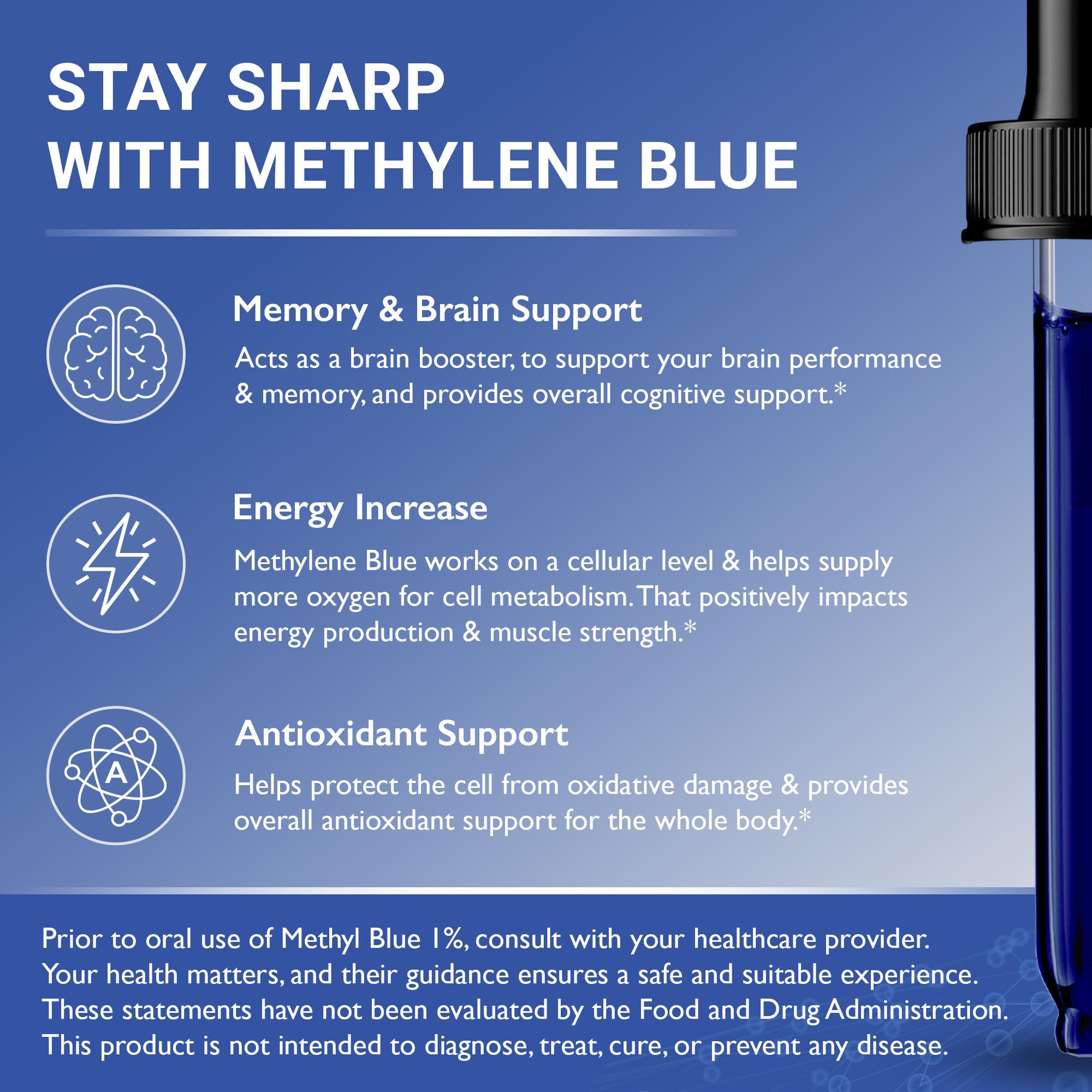 LCG LABS Methylene Blue Pharmaceutical Grade - Methylene Blue 1% - Liquid Drops Aqueous Solution 10 mg / 1 ml - Third Party Tested - Formaldehyde & Alcohol-Free - Made in USA 1.7 Fl OZ