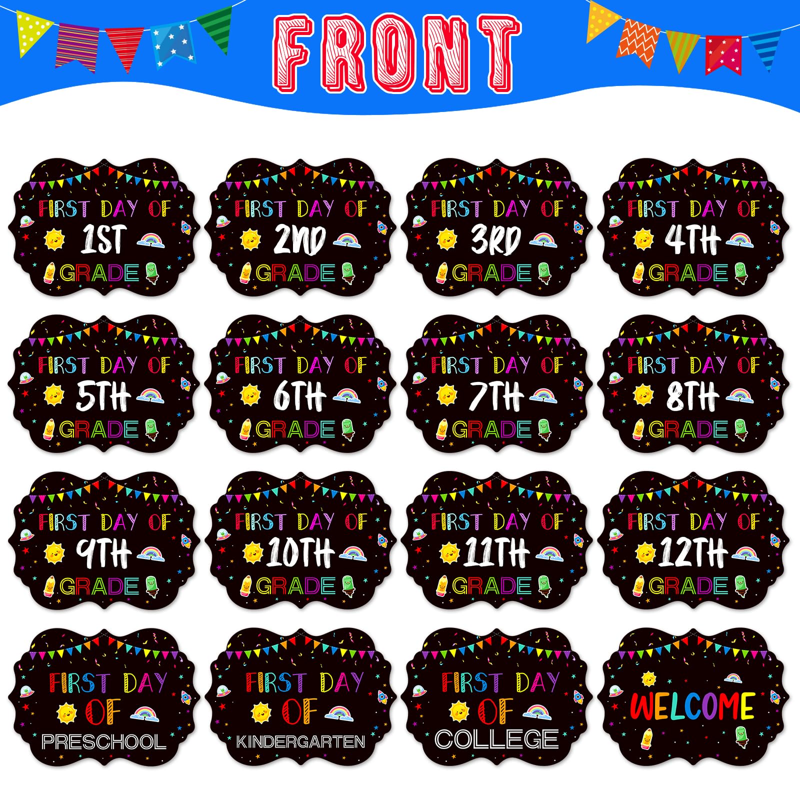 JUESMOS First and Last Day of School Sign Double Sided Back to School Chalkboard Style Photo Prop Signs for Kids Girls Boys Reusable 15 Grades Preschool Kindergarten First Grade Photo Props Supplies