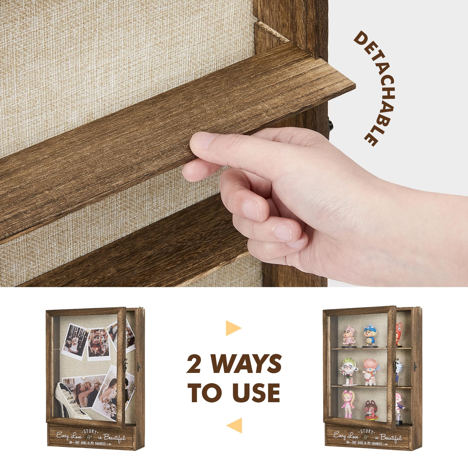 AW BRIDAL 11X16 Large Shadow Box Picture Frames Deep Shadow Boxes Display Cases with Removable Shelves and Drawers, Brown Wooden Memory Boxes for Keepsakes with Slot