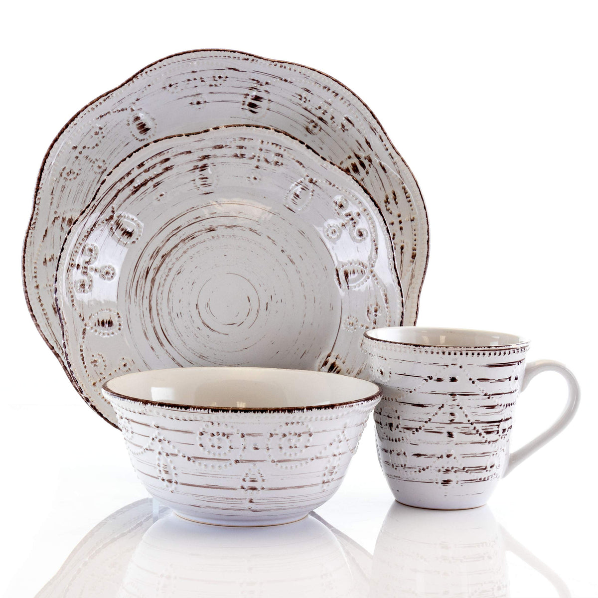 Elama Rustic Birch 16 Piece Embossed Scalloped Stoneware Round Dinnerware Set in White with Brown Accents