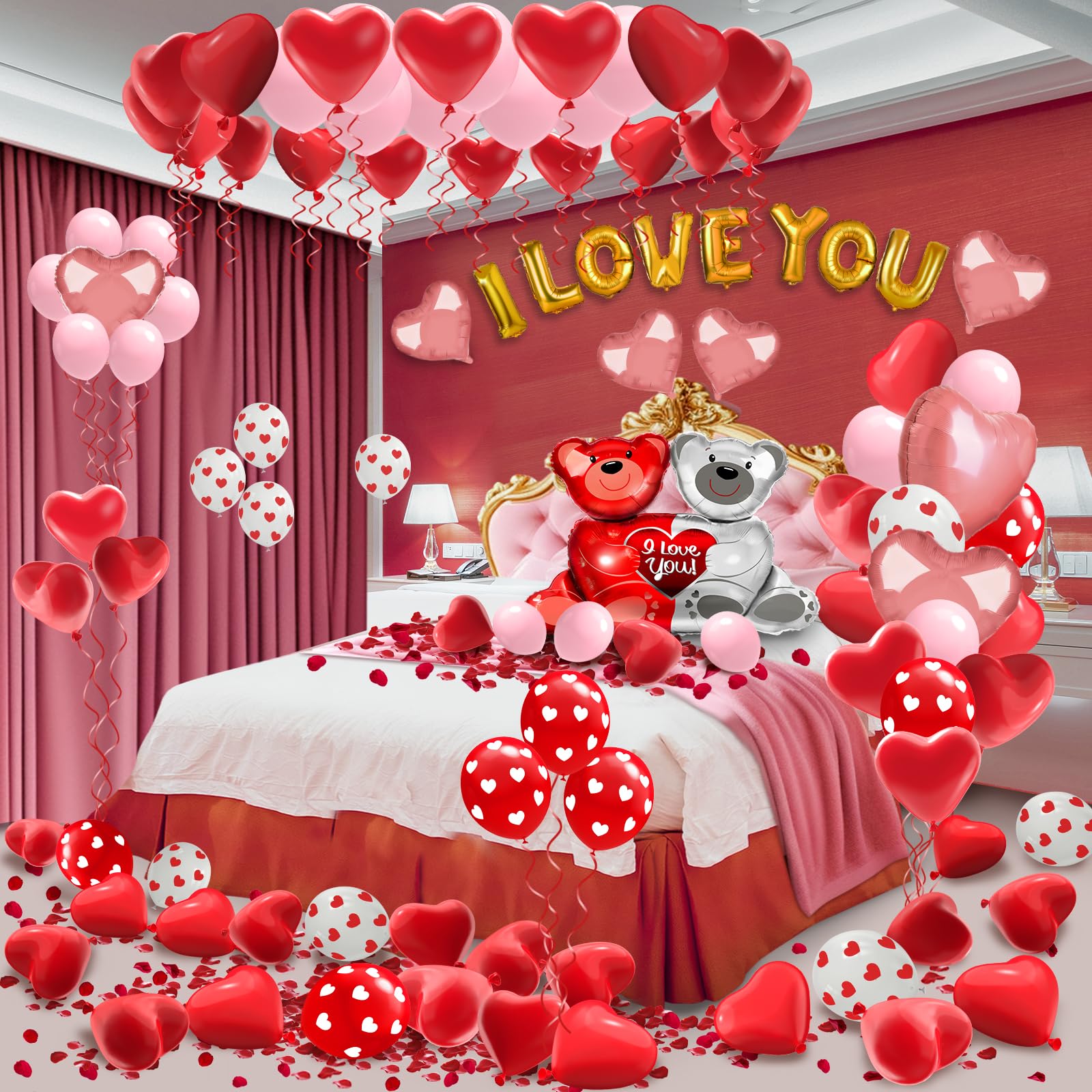 Lutoys Valentines Balloon Kit Decor with I Love You Balloons, Heart Balloons with 1000 Pcs Silk Red Rose Petals for Valentines Day Galentines Party Decorations Proposal Wedding Anniversary Decor