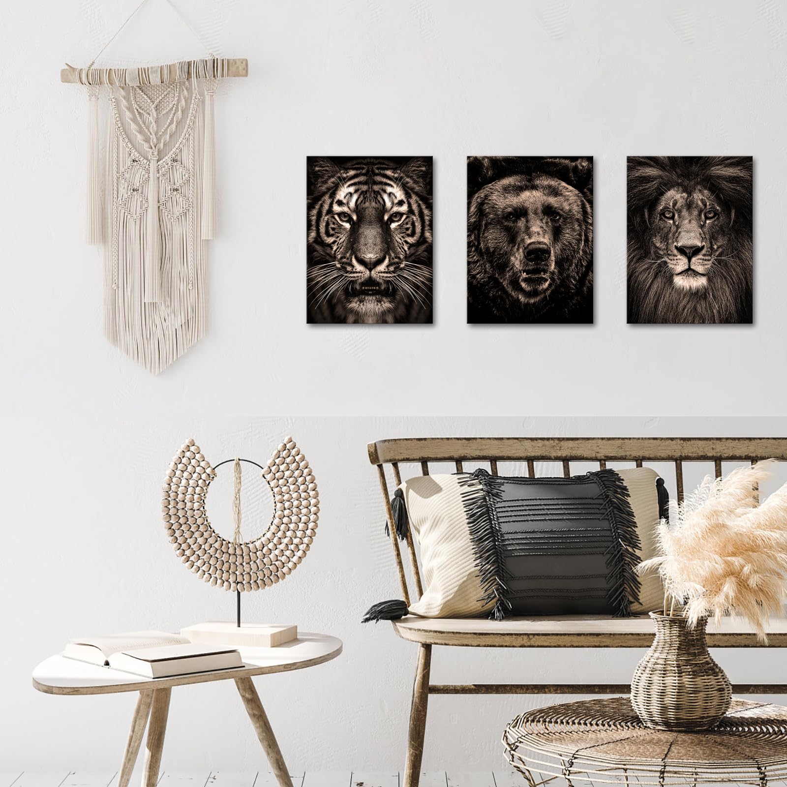 OuElegent Black and Beige Wildlife Canvas Wall Art Animal Tiger Bear Lion Portrait Picture Poster Artwork for Home Living Room Bedroom Office Wall Decoration 12"x16"x3pcs
