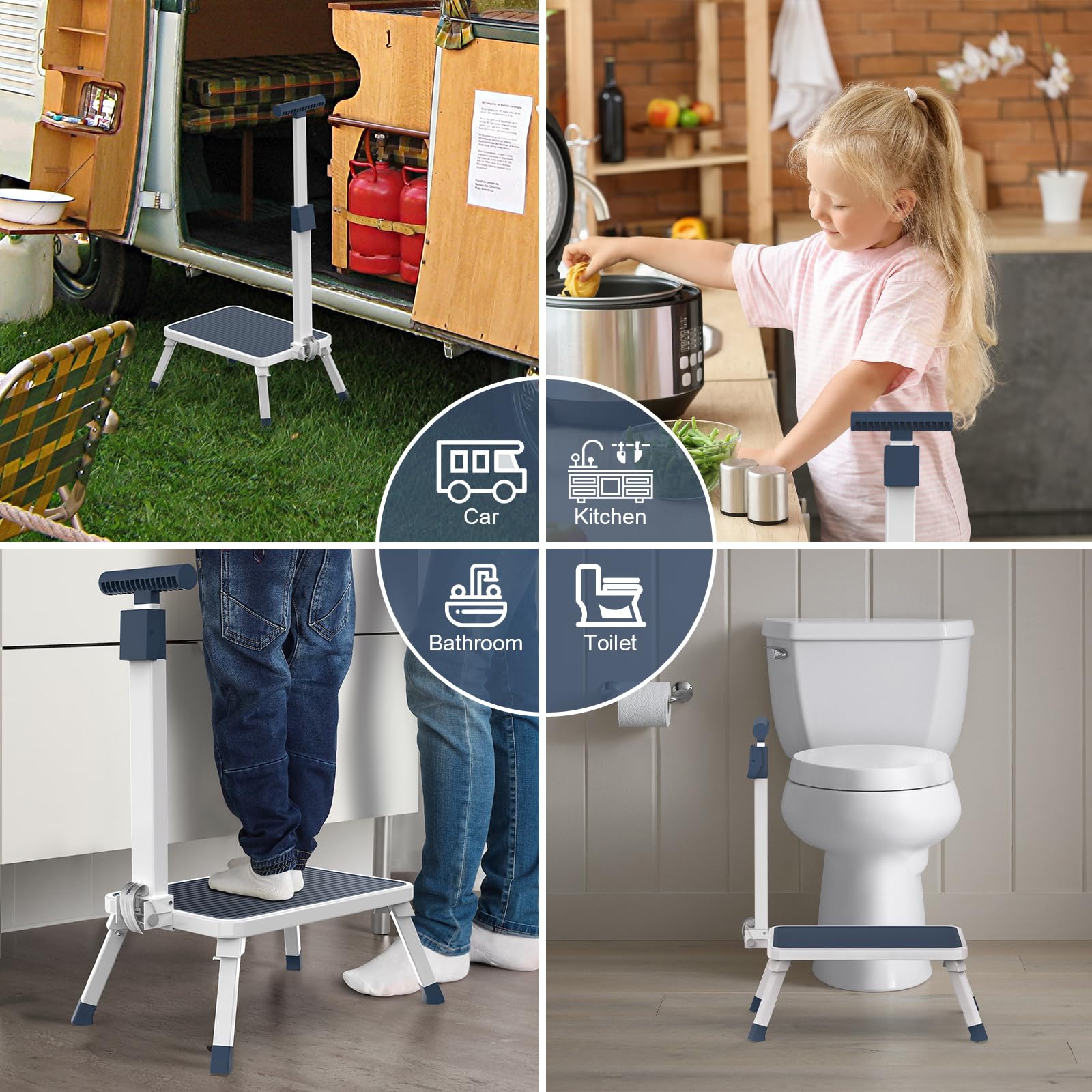 Folding Step Stool, Step Stools with Handle for Elderly Adults, Metal Stepping Stool with Adjustable Handrail in Kitchen, Bathroom, Bedroom, 330 Lbs Capacity