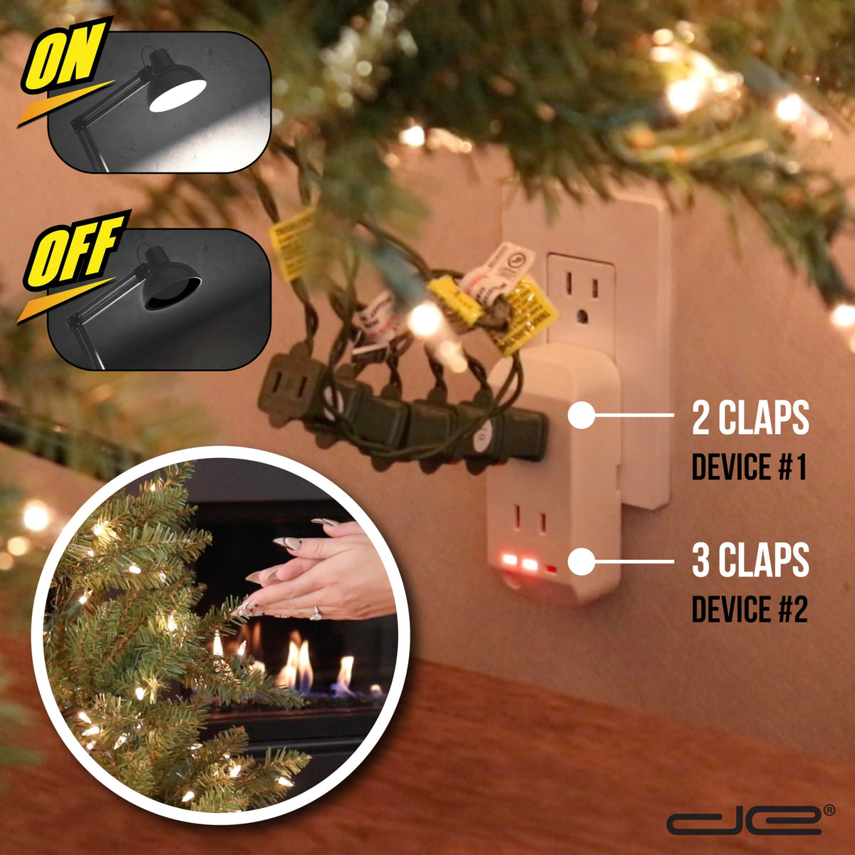 Power Hands | Clapping Light Control Noise Detecting Wireless Wall Outlet with a 3 Level Sensitivity Switch | Turns Appliances On/Off with Clapping Sound Sensor | 120V 200W 2 Outlet