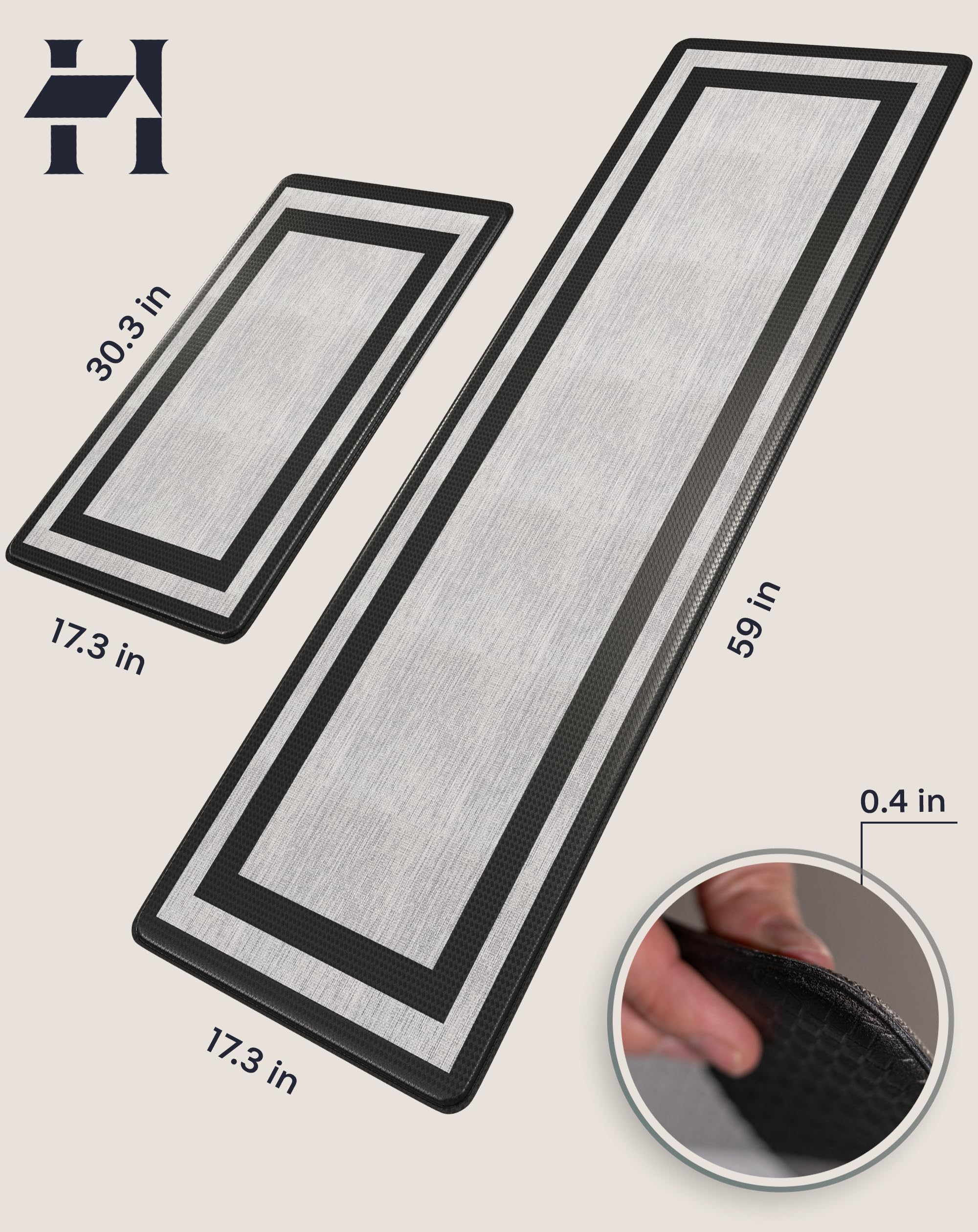 Homergy 3-Pack: Bath Mat (16×24, Black) & Anti-Fatigue Kitchen Mats (18×30, 18×60, Fabric Black)