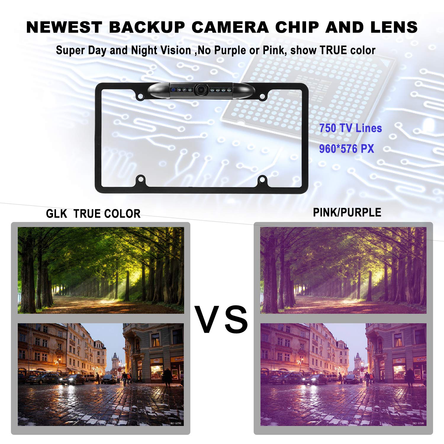 GLK License Plate Backup Camera HD Front Rear View Reverse Camera with 7 LED Night Vision 170 Degree Viewing Angle, Waterproof, for Cars