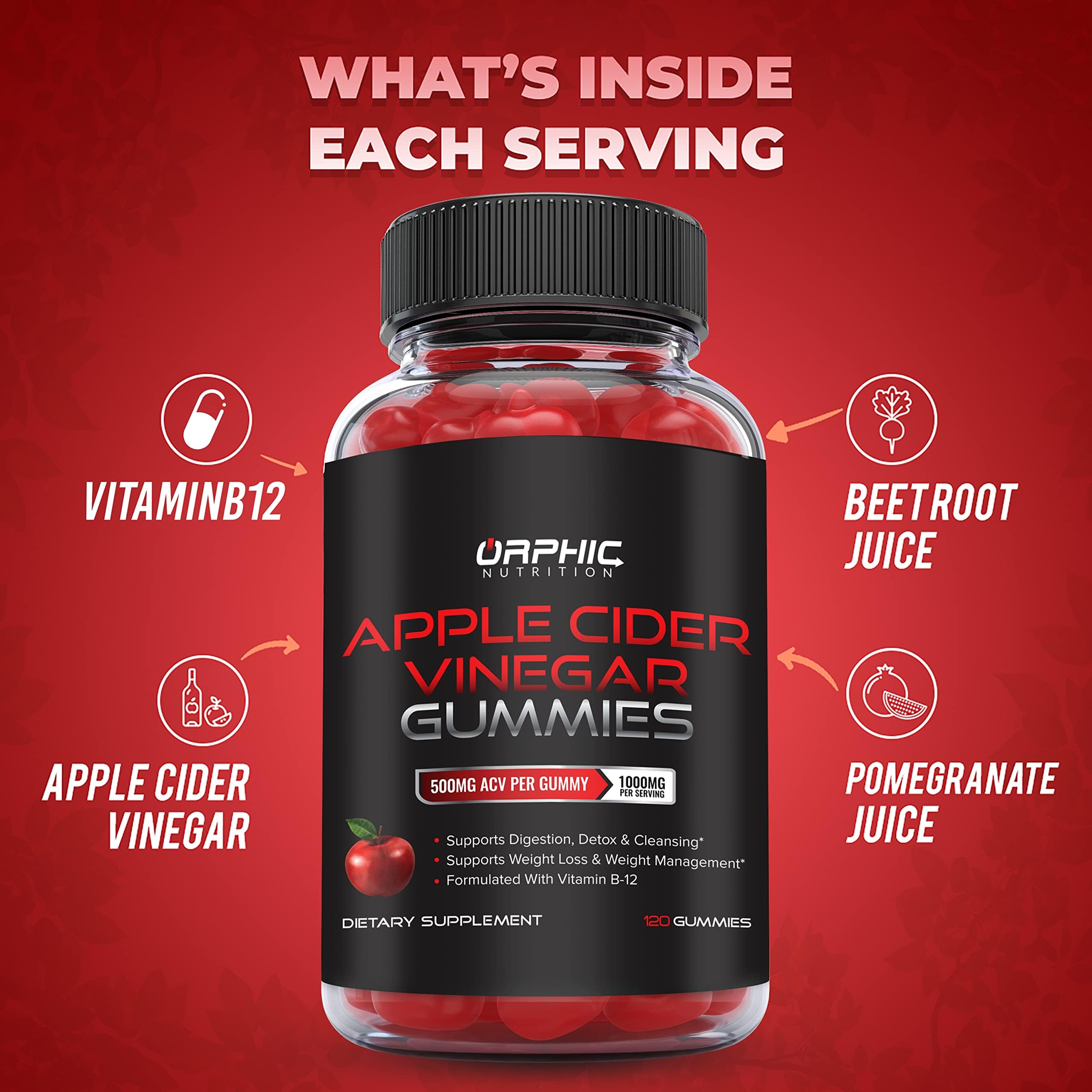 Apple Cider Vinegar Gummies - 1000mg - Formulated to Support Normal Energy Levels & Gut Health - Supports Digestion, Detox & Cleansing - ACV Gummies W/VIT B12, Beetroot (60 Gummies)