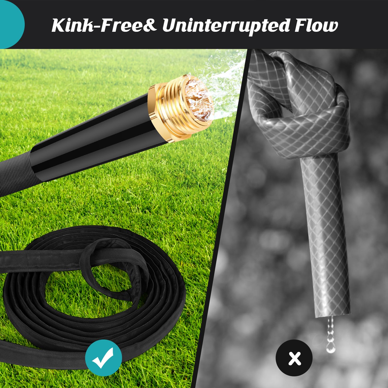 CXEZSIK Non-Expandable Garden Hose 50FT, Flexible and Tough, Lightweight and Sturdy, Abrasion Resistant and Kink-Free Water Hose for Outdoor, Yard, Lawn, Car Wash, Marine, and Camper Use