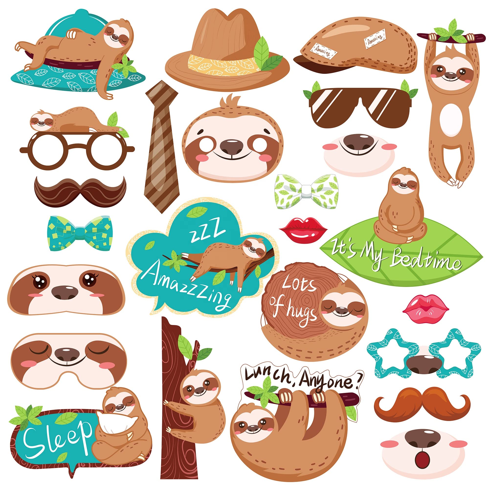 Kristin Paradise 25Pcs Sloth Photo Booth Props with Stick, Jungle Animals Theme Selfie Props, Birthday Party Supplies, Photography Backdrop Decorations