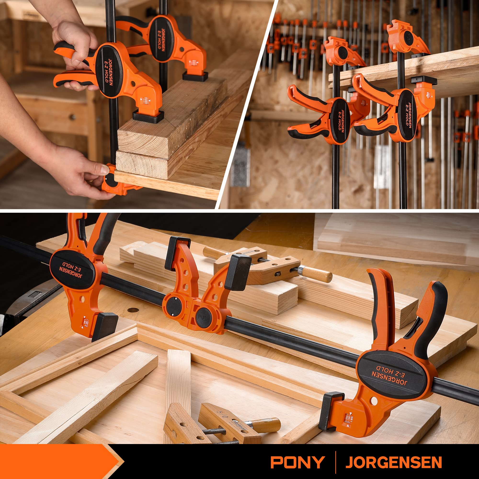 Jorgensen Bar Clamps For Woodworking, 12" 2-Pack One-Handed Clamps/Spreader with Load Limit Indicator, Quick Grip Bar Clamps E-Z Hold F Clamps Set with 300 lbs Load Limit, Medium Duty