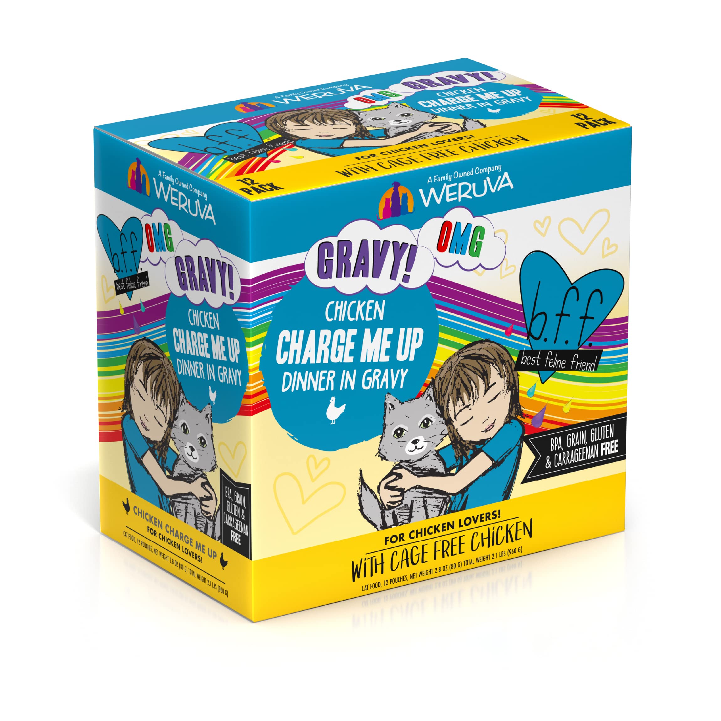 Weruva B.F.F. OMG - Best Feline Friend Oh My Gravy!, Chicken Charge Me Up with Chicken in Gravy, 2.8oz Pouch (Pack of 12)