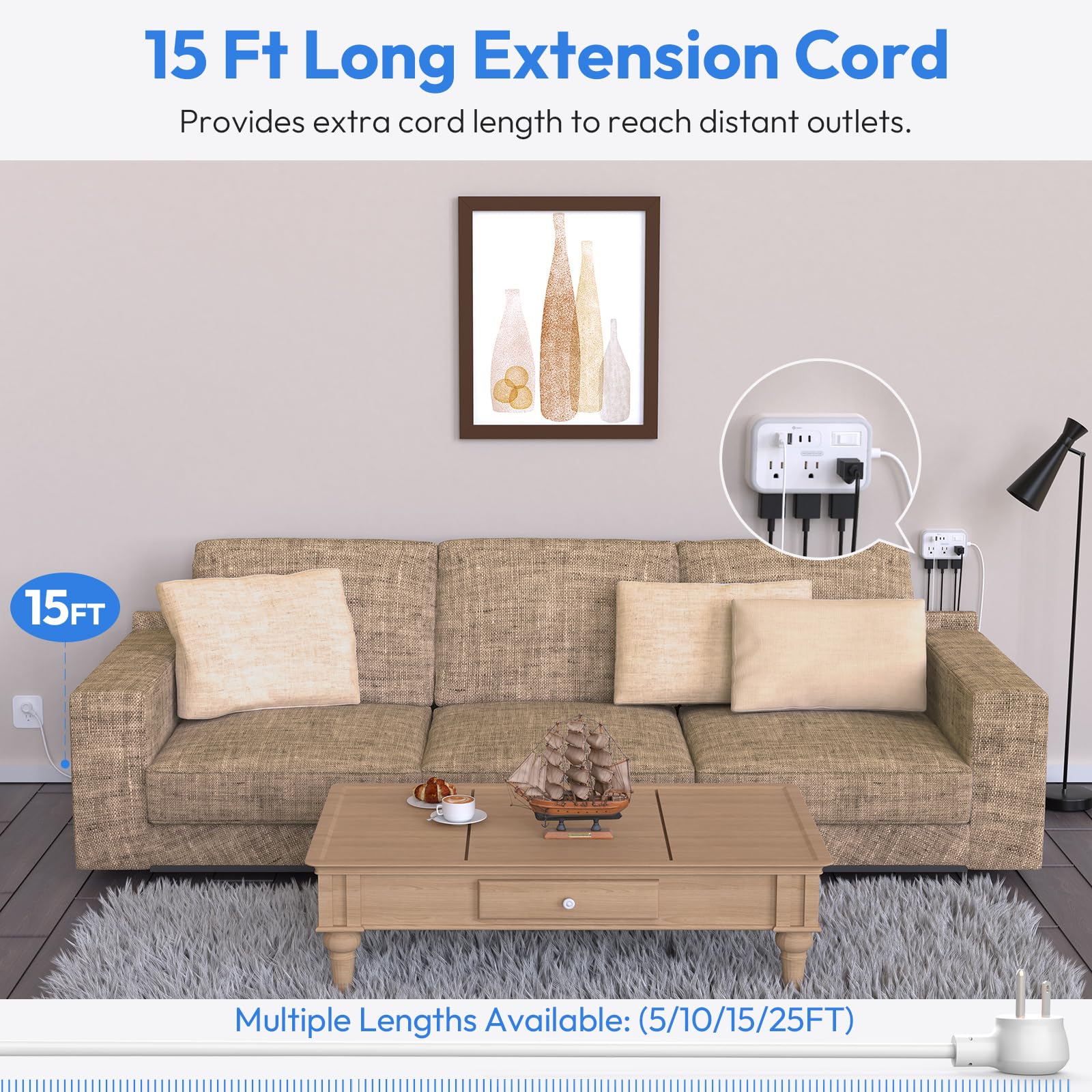 NTONPOWER Surge Protector Power Strip with USB, Flat Plug Extension Cord with 4 USB 6 Outlets, 5 Ft White Extension Cord, Overload Protection for Travel, Indoor, Home Office, Dorm Room Essentials
