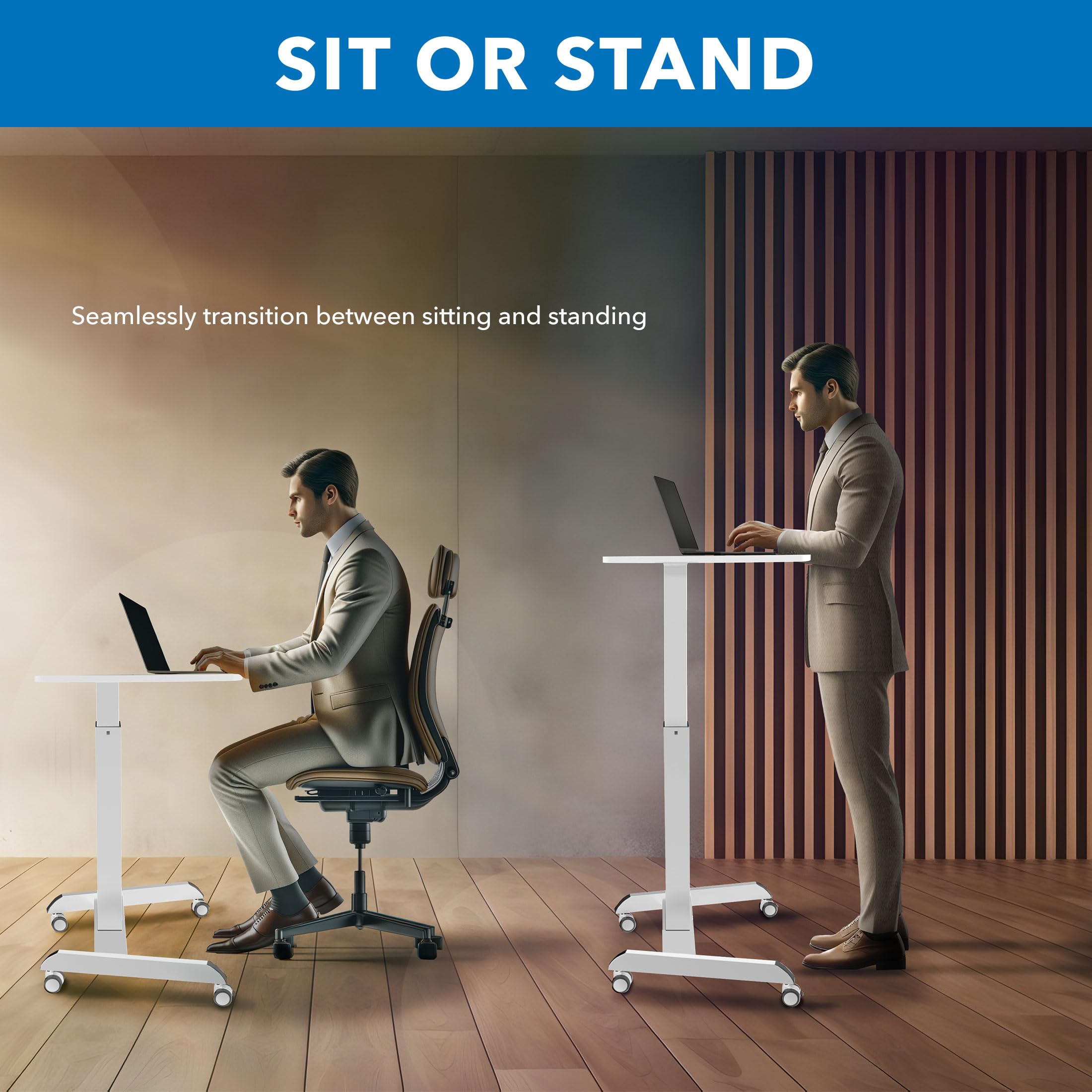Mount-It! Mobile Laptop Desk Cart | Adjustable Rolling Laptop Stand with 28.5" x 22" Tabletop | Ergonomic Sit-Stand Workstation on Wheels | Portable Laptop Cart for Home Office in White