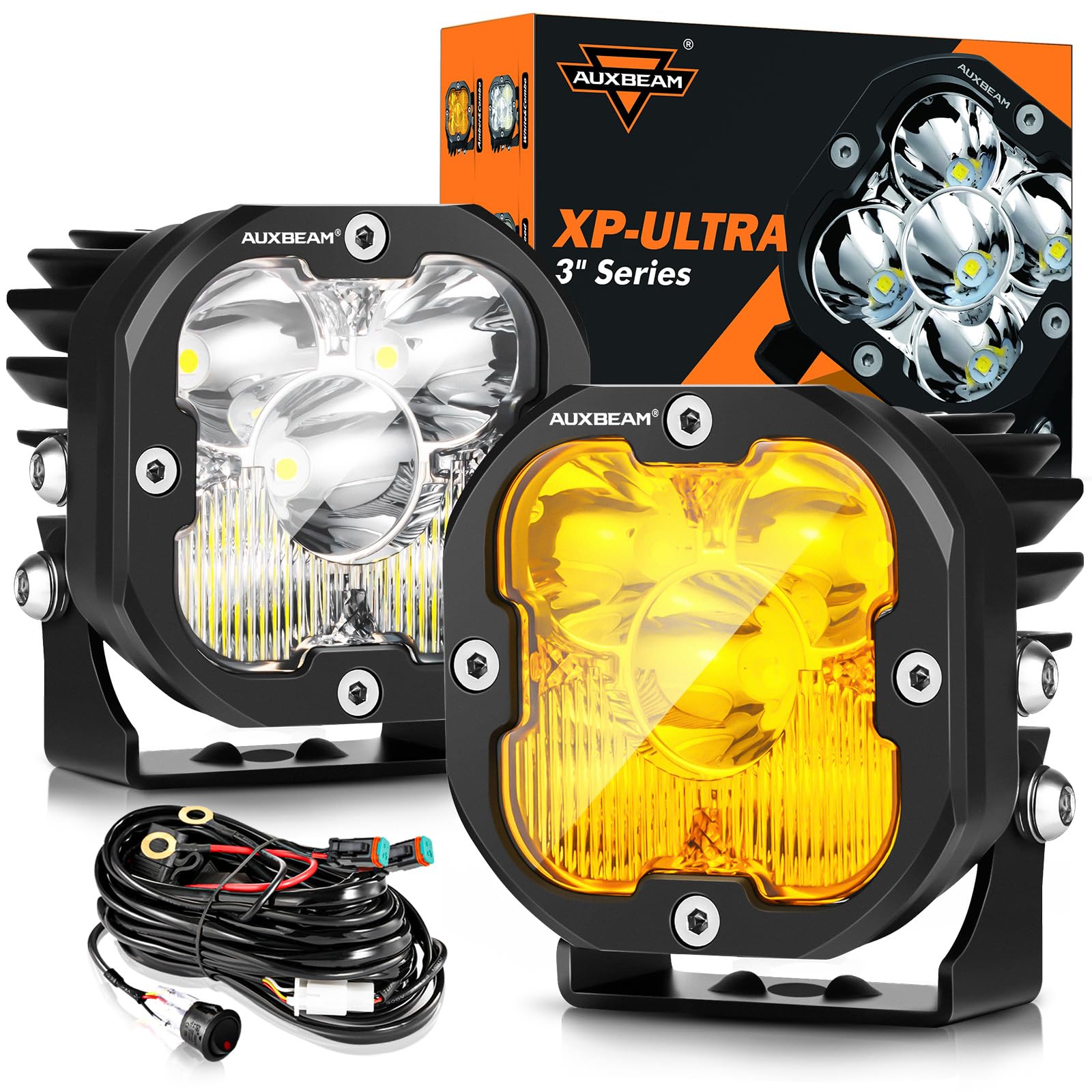 Auxbeam 3 Inch Led Pods Amber Fog White Off Road Driving Light XP-Ultra Series Spot Flood Combo Offroad LED Bar Cube Lights 80W Auxiliary Ditch Lights with White/Amber Light Covers, Pair
