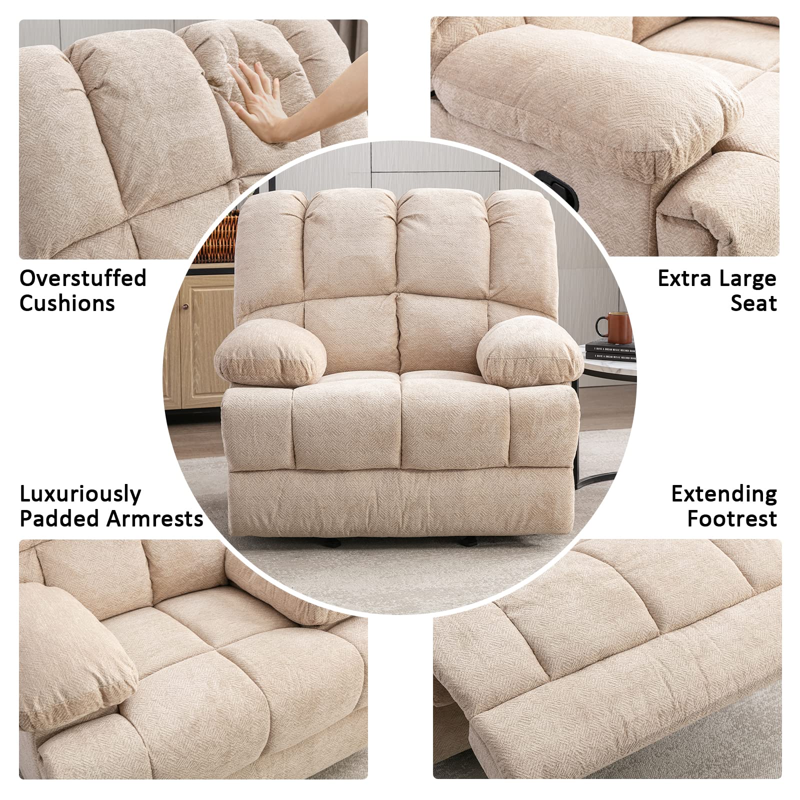 Dreamsir Oversized Rocker Recliner Chair, Manual Recliner Single Sofa Couch, Soft Fabric Overstuffed Rocking Chair for Living Room, Theater Seating for Big Man, Sandy