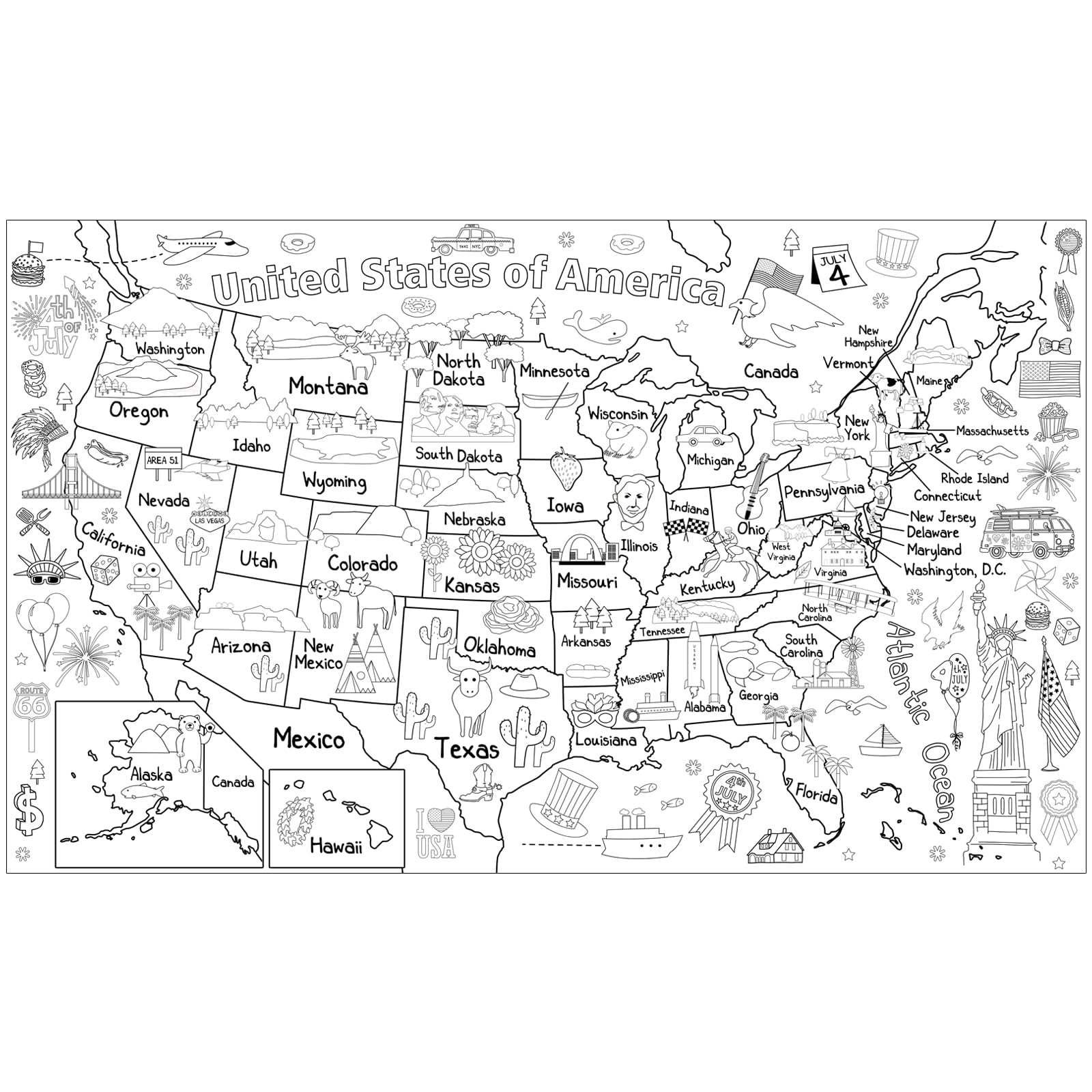 Giant US Map Coloring Paper Poster for Kids - Educational 54 x 33 Inches United States Art Activity Map, United States Coloring Map Large Paper Coloring Tablecloth for Children