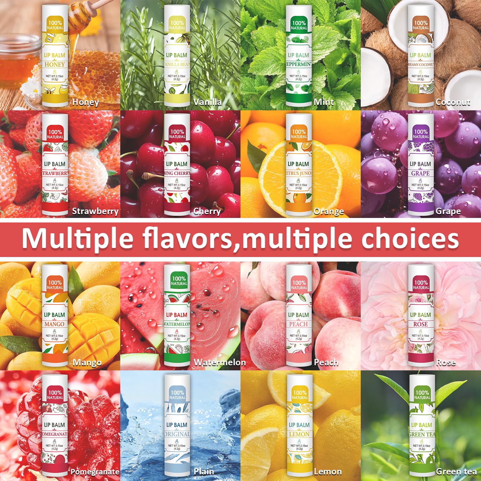 32 Pack Lip Balm, Natural Lip Balm Bulk with Vitamin E and Coconut Oil, Hydrating Lip Balm for Dry Lips, Bulk Lip Balm for Stocking Stuffers - 16 Flavors