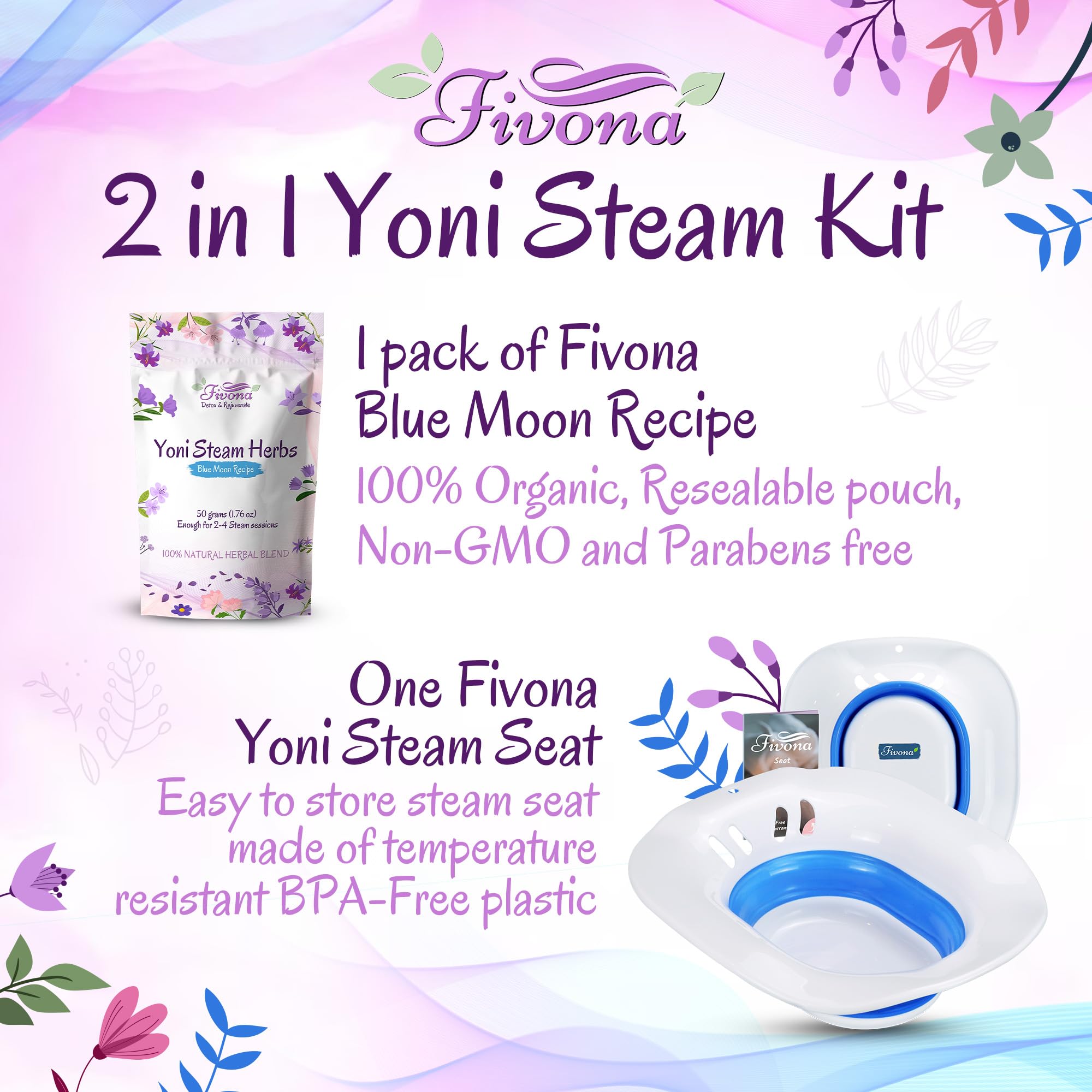 Fivona 2 in 1 Yoni Steam Kit Over The Toilet Seat with V Steam Herbs Blue Moon Recipe for Detox, Cleansing, PH Balance and Odor Control