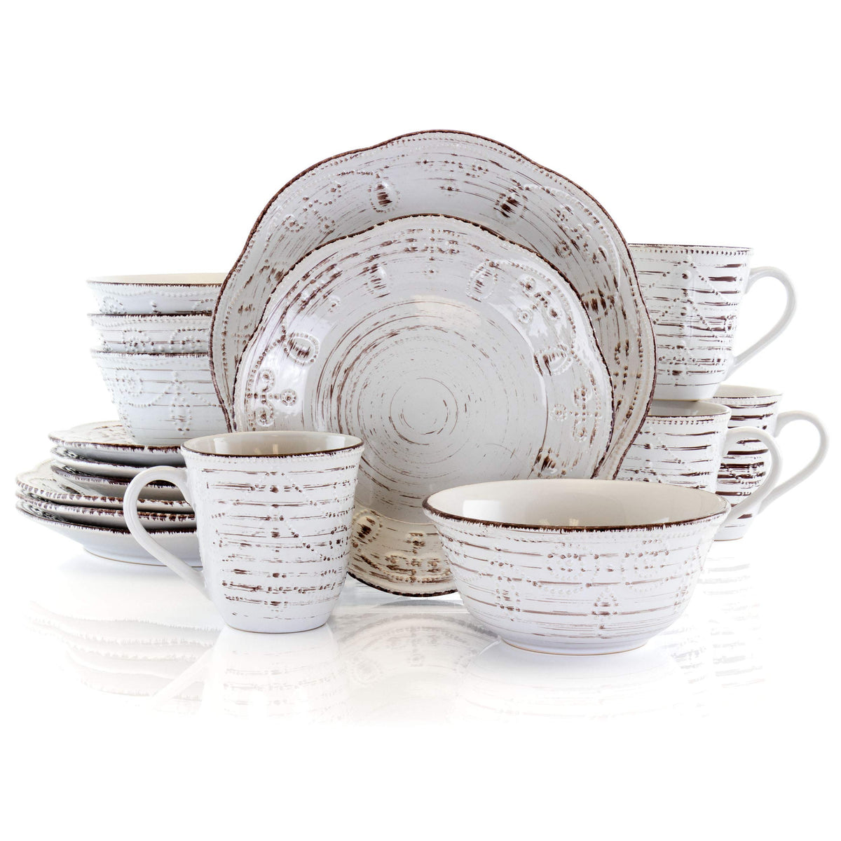Elama Rustic Birch 16 Piece Embossed Scalloped Stoneware Round Dinnerware Set in White with Brown Accents