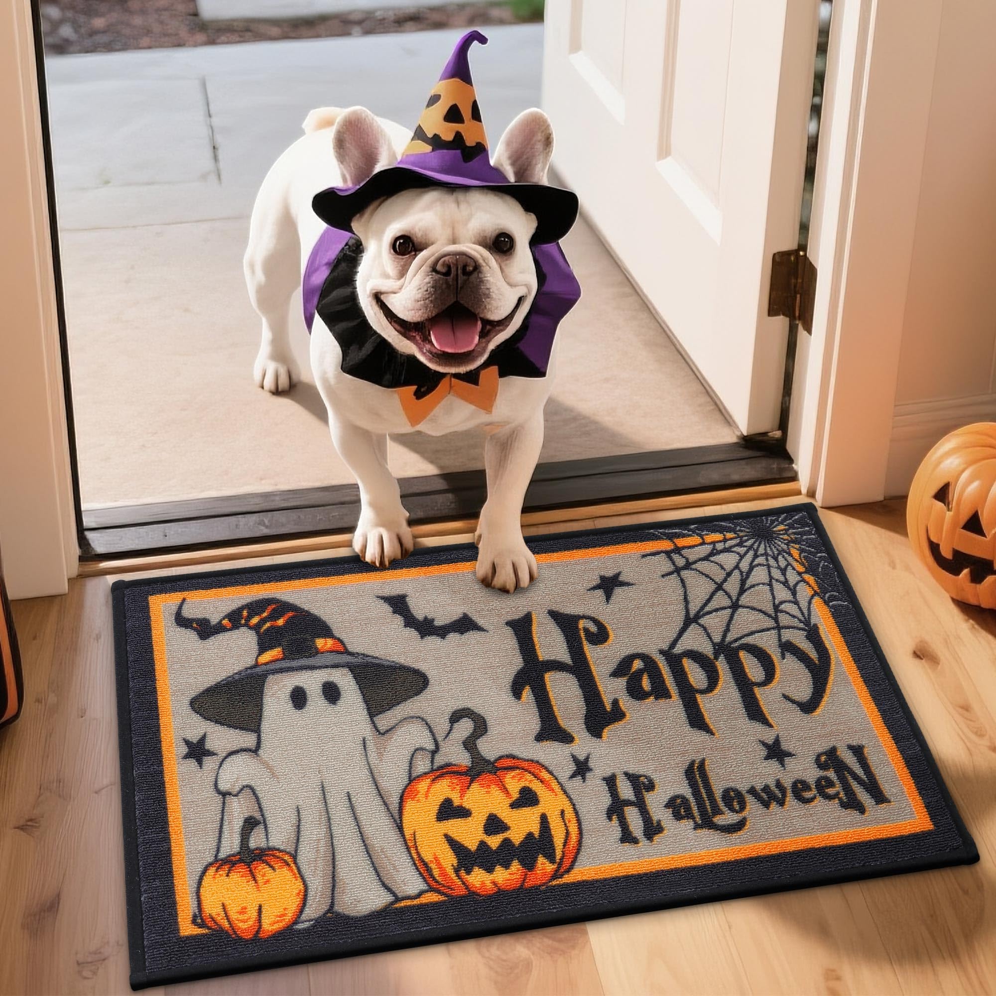 JSEI Halloween Holiday Doormat, 17''x30'' Non-Slip Ghost and Pumpkins Decorative Welcome Mats for Floor, Low-Profile Entryway Rugs Washable, Cute Ghost Pattern