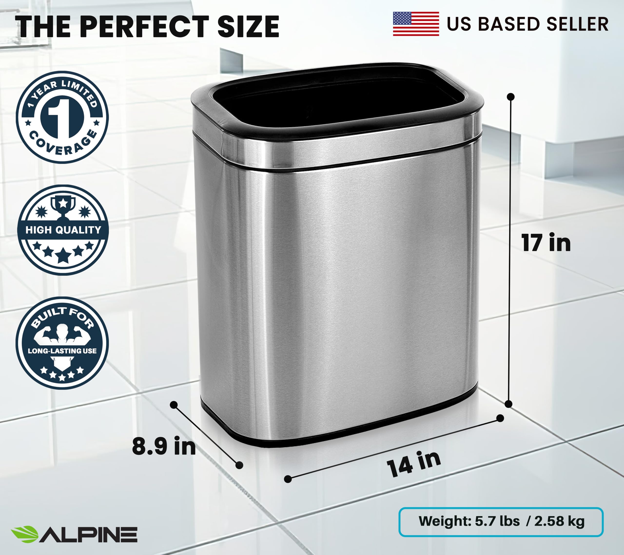 Alpine Stainless Steel Trash Can - Open Top, 20 Liter 5 Gallon Trash Can, Space-Saving Slim Modern Design with Removable Trash Bin, Brushed Stainless Steel Kitchen Trash Can, Silver, 18" x 14" x 9"