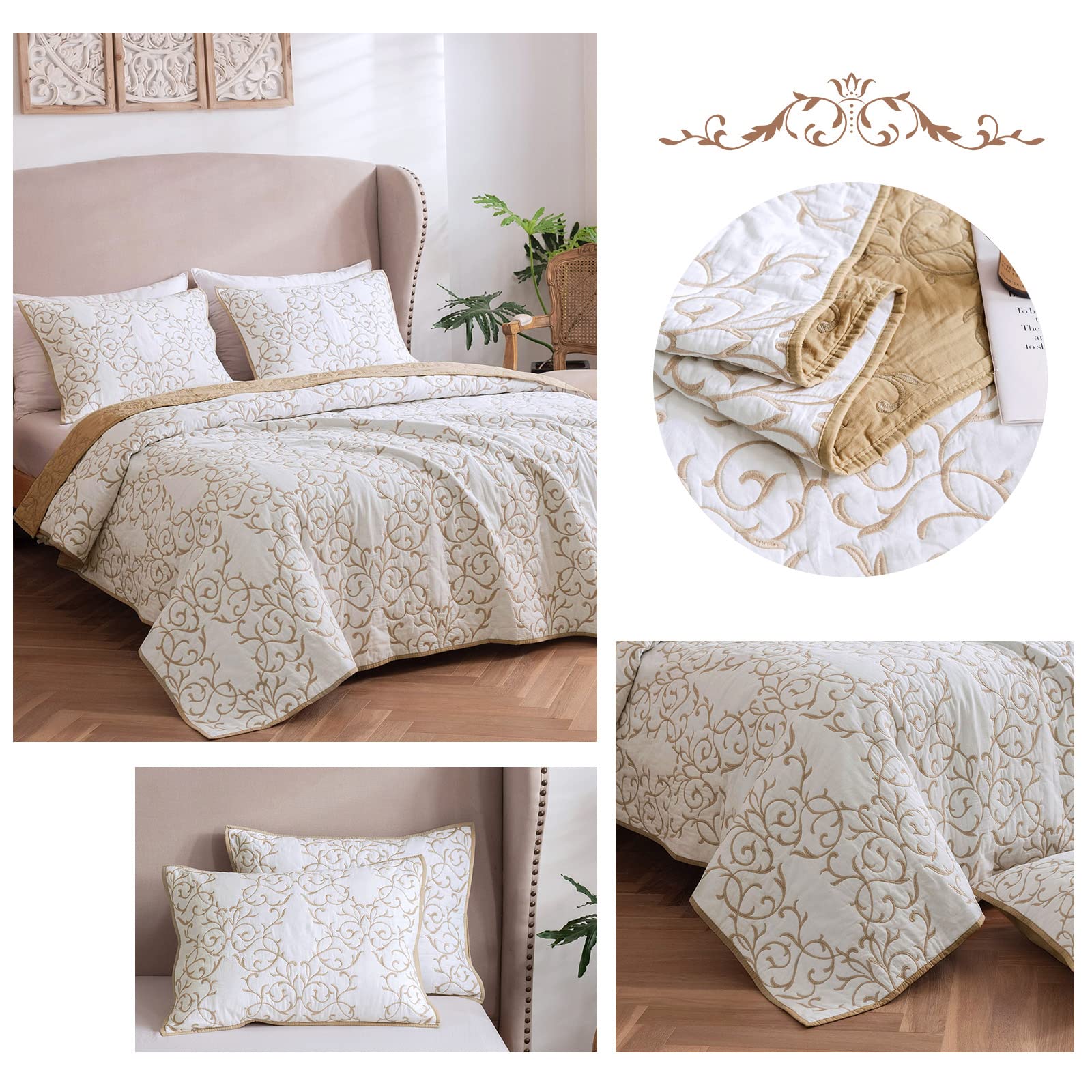mixinni Quilt King Size Reversible Soft Cotton 3-Piece Beige Embroidery Pattern Elegant Quilt Set with Embroidered Decorative Shams Soft Bedspread&Coverlet Set-King Size