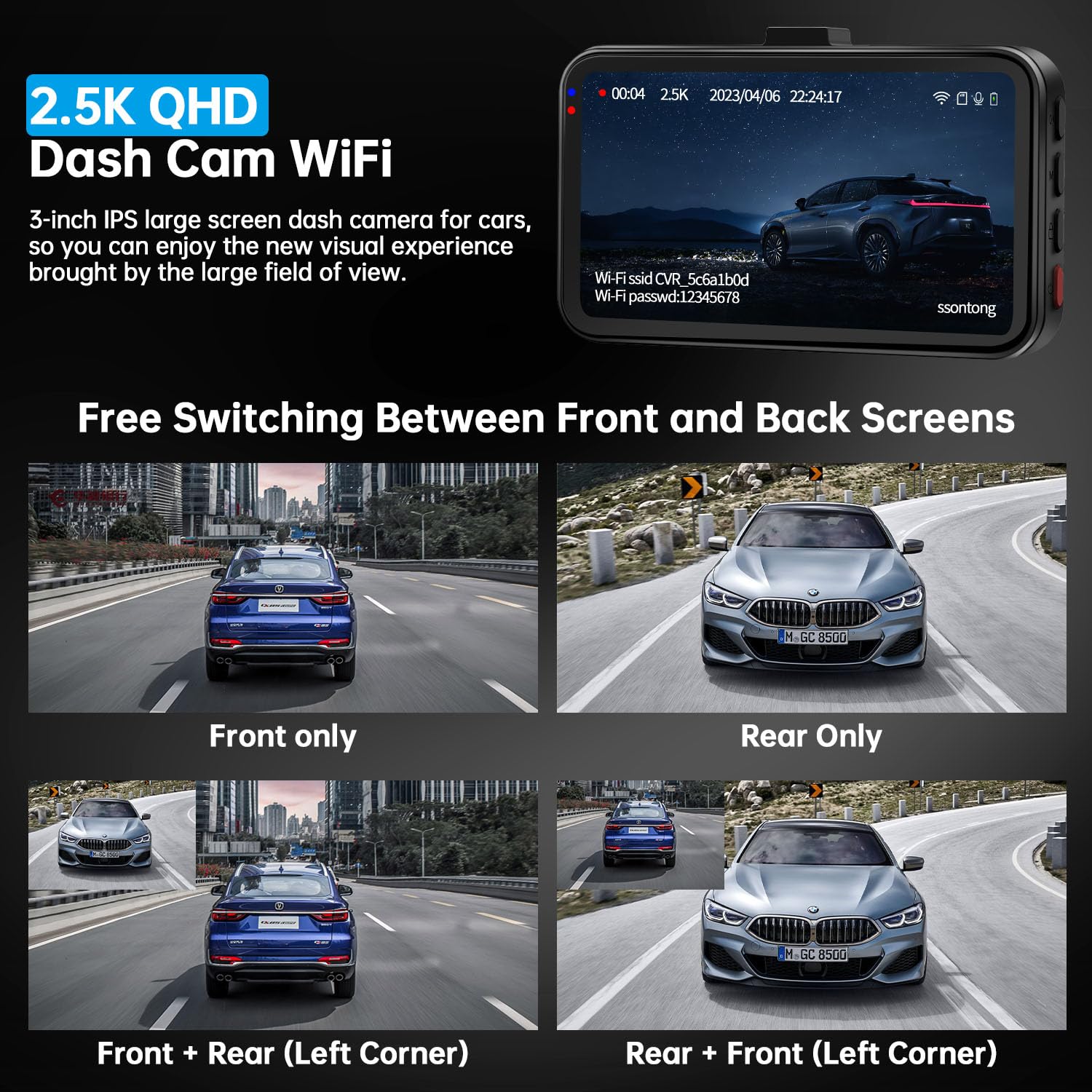 Dash Cam Front and Rear, Dash Camera for Cars WiFi/APP Control Dual Dashcam W/ 64GB Card, 2.5K Dash Cam Front+1080P Rear Car Camera W/Super Night Vision, Loop Recording, G-Sensor, Max Support 256GB