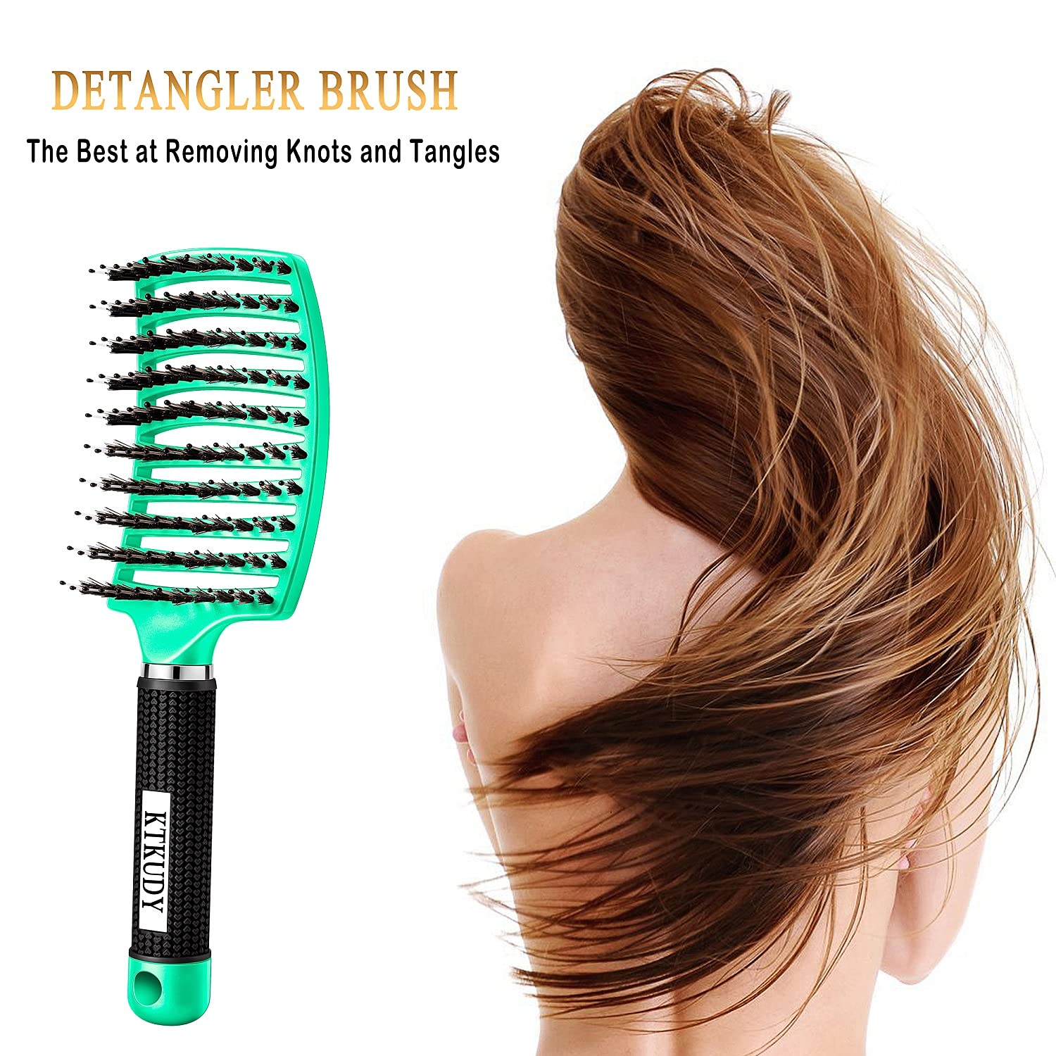 KTKUDY Detangling Brush Boar Bristles Hair Brush Make Hair Shiny & Healthier Curved and Vented Detangler Brush for Women Men Kids Wet & Dry Hair (Light green)