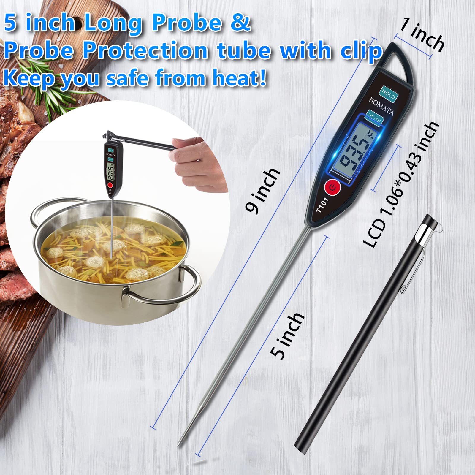 BOMATA 2 Pack Waterproof IPX7 Meat Thermometer Instant Read Food Thermometer with Long Probe for Water, Liquid, Kitchen Cooking, Grill,BBQ ! T101 X 2 Pcs (Black & Red)…