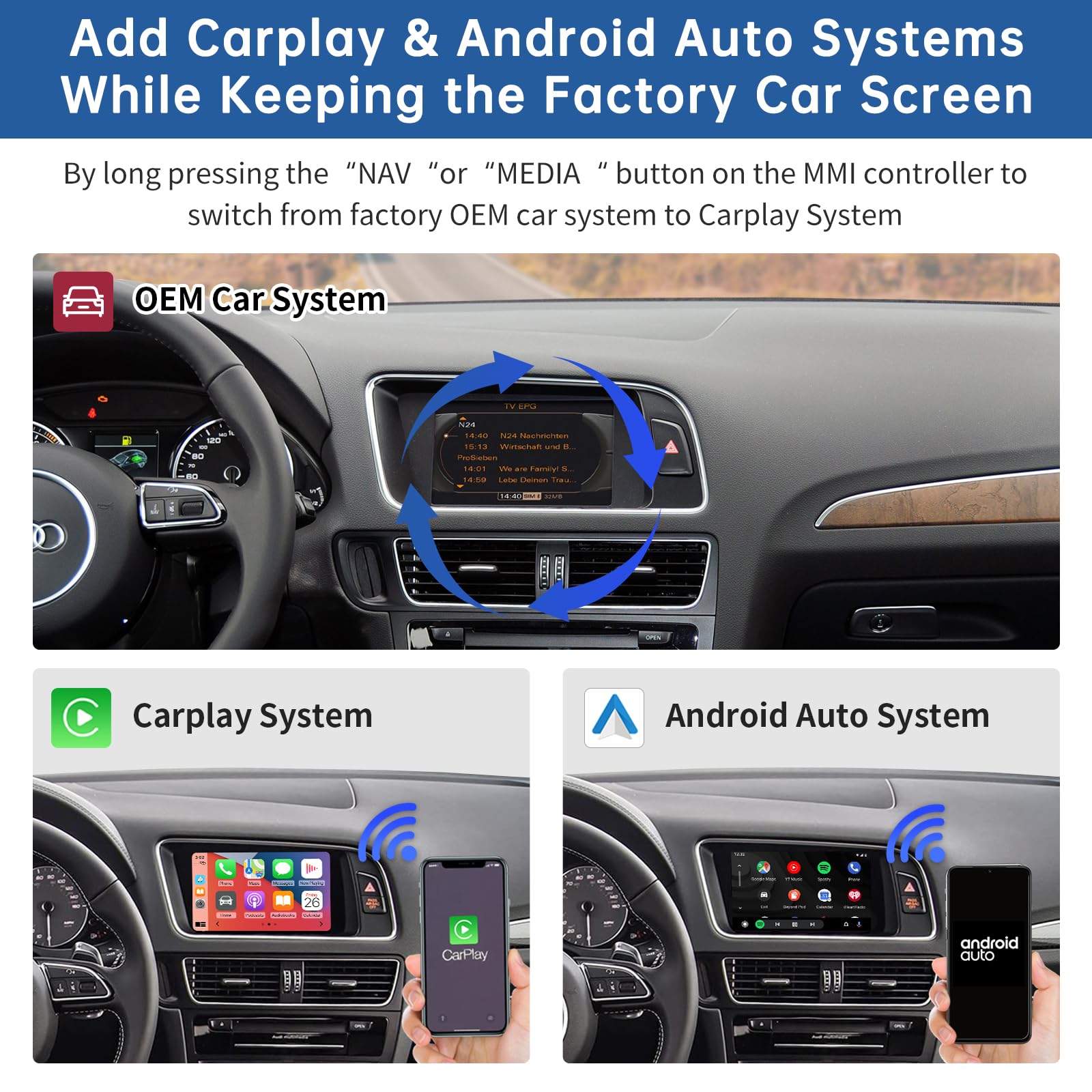 Road Top Wireless Carplay Android Auto for Audi A4 A5 S4 S5 RS4 RS5 Q5 2008-2015 with 3GMMI System, Carplay Retrofit Kit, Support Mirrorlink, Siri, Navigation, Camera