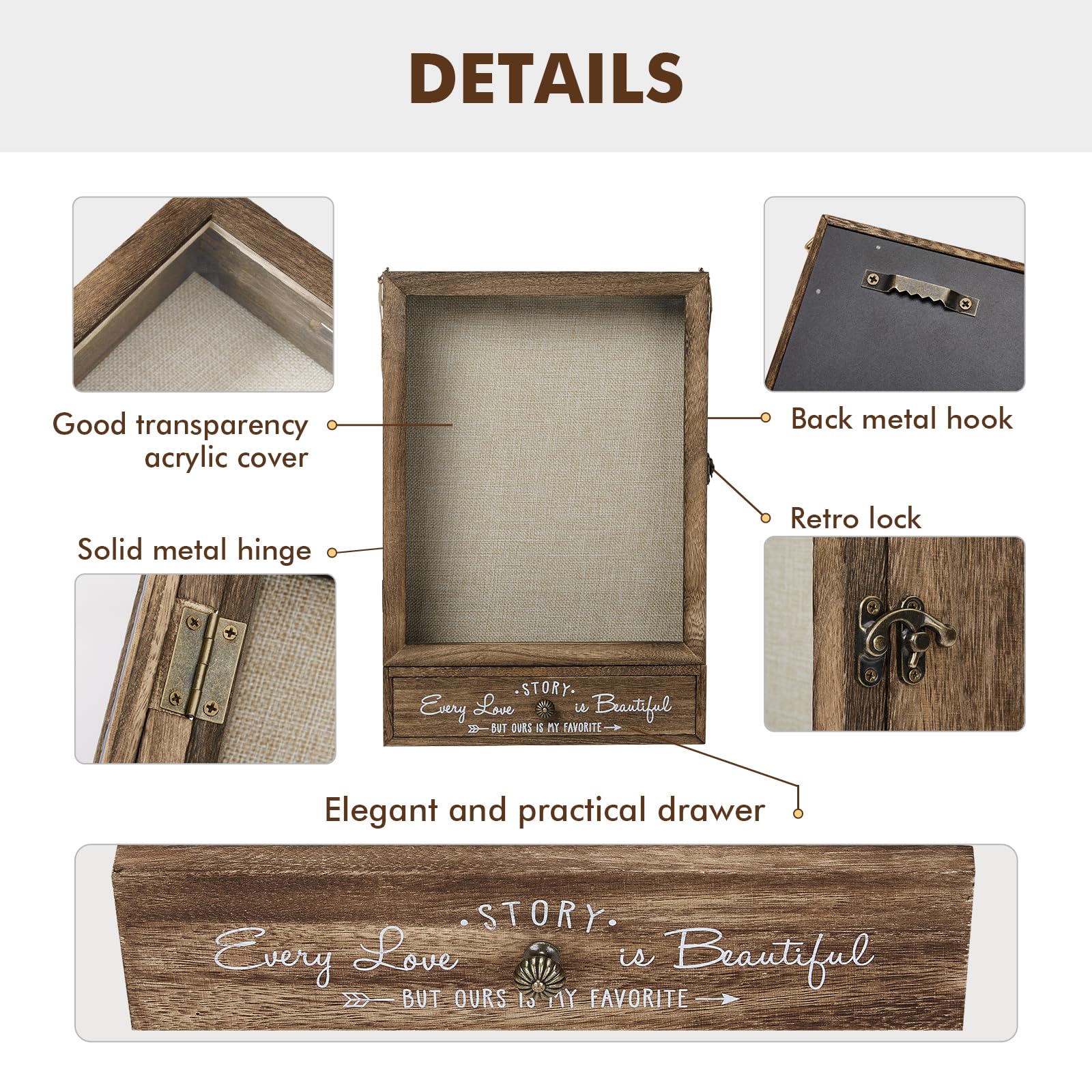 AW BRIDAL 11X16 Large Shadow Box Picture Frames Deep Shadow Boxes Display Cases with Removable Shelves and Drawers, Brown Wooden Memory Boxes for Keepsakes with Slot