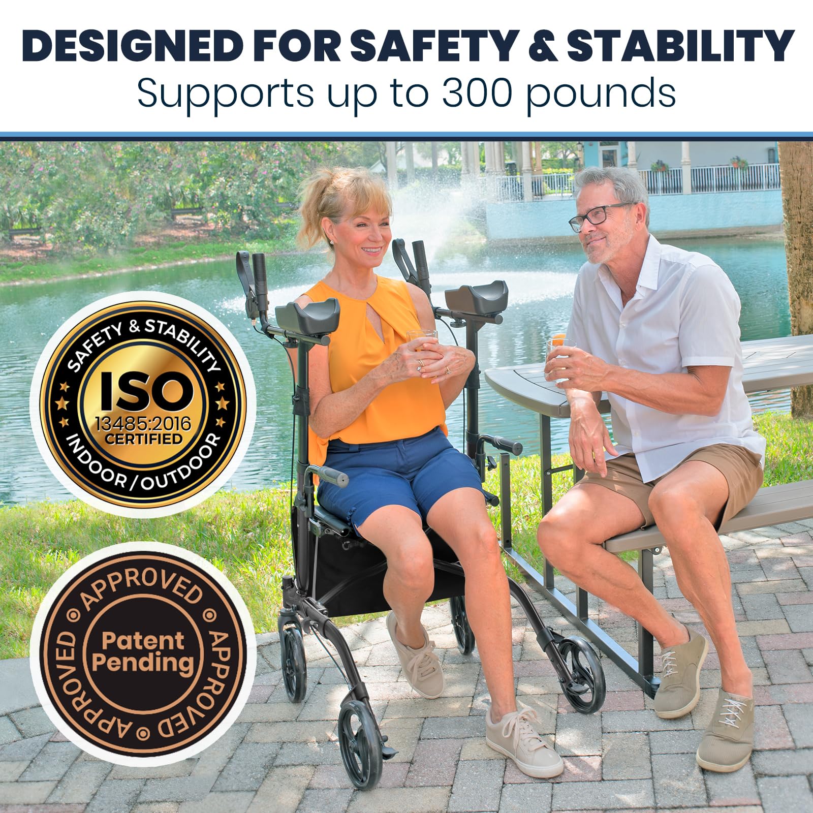 Vive Mobility Upright Walker with Seat, for Seniors, Women - Stand Up Rollator, Arm Rests, Heavy Duty, Folding Medical Aid Scooter for Elderly, Seniors - Walking Foldable Assist (Blue, Black Bag)