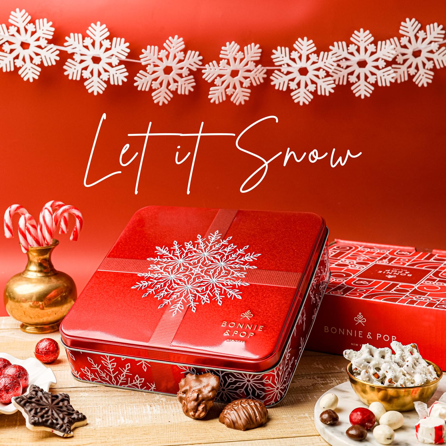 Bonnie and Pop's Holiday Tin- with Assorted Christmas Chocolate, Nuts, Bark, Truffles β Festive, Corporate, Family, Gift Basket Idea for Men and Women