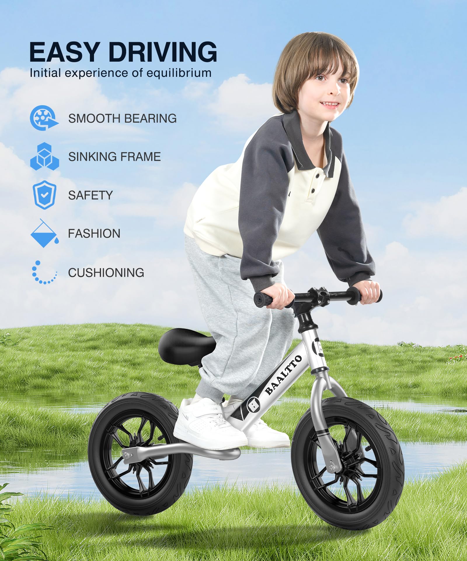 BAALTTO Balance Bike Rubber Tires, Metallic Paint, Colorful Lights, Mountain Bike Handlebars, and Integrated Stand - 12-Inch Wheel, Suitable for Boys and Girls Ages 2-7(Silver)
