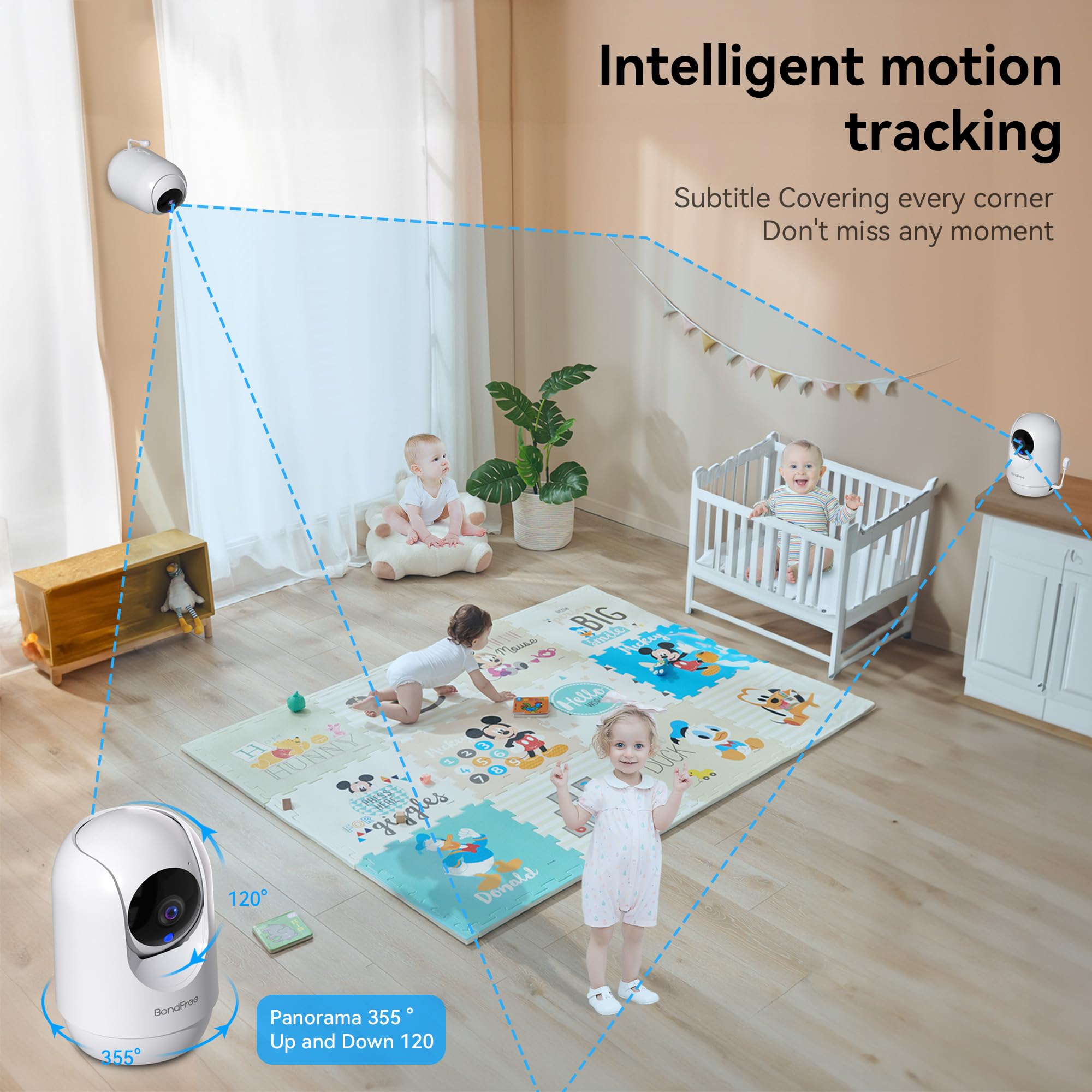BondFree Baby Monitor with Camera and Audio, 2K Smart Baby Monitor with App, Temperature& Humidity, 2-Way Talk, 3MP Night Vision, 14 Lullabies,Cry & Motion Detection, 4X Zoom-5Ghz WiFi Baby Monitor