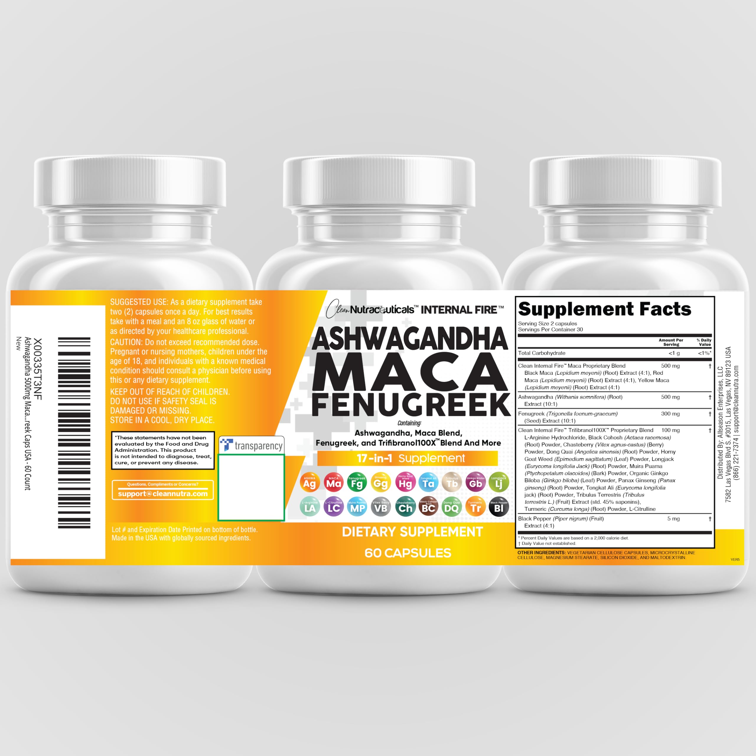 Clean Nutraceuticals Ashwagandha Maca Root Fenugreek Supplement with Tongkat Ali Ginseng - Assists with Stress, Mood & Thyroid - Ashwagandha Capsules Fenugreek Caps - 1 Pack