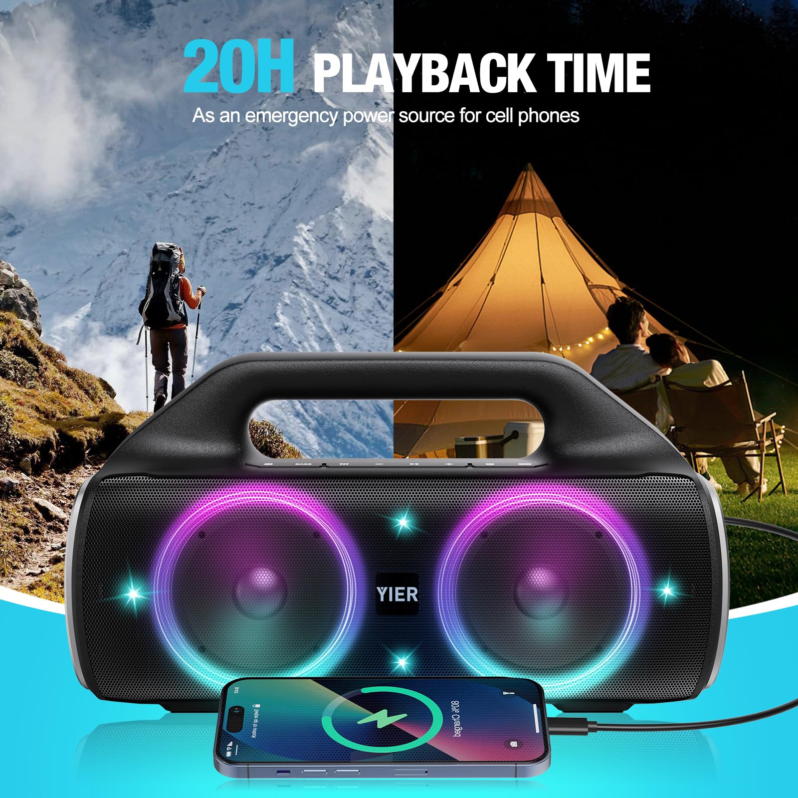 YIER Portable Bluetooth Speakers, 80W Peak Wireless Outdoor Speaker with Subwoofer, Deep Bass, IP67 Waterproof, 100dB Loud Party Speakers for Camping, Beach, Garage
