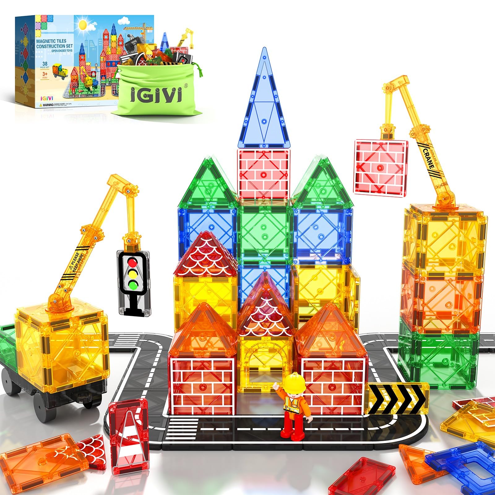 IGIVI Magnetic Tiles Road Set with Magnet Crane Car Toys, Construction Toys for Kids Ages 3-5 4-8 5-7, Creative Magnetic Building Blocks Toddler Toys, Gifts for 3+ Year Old Boys & Girls