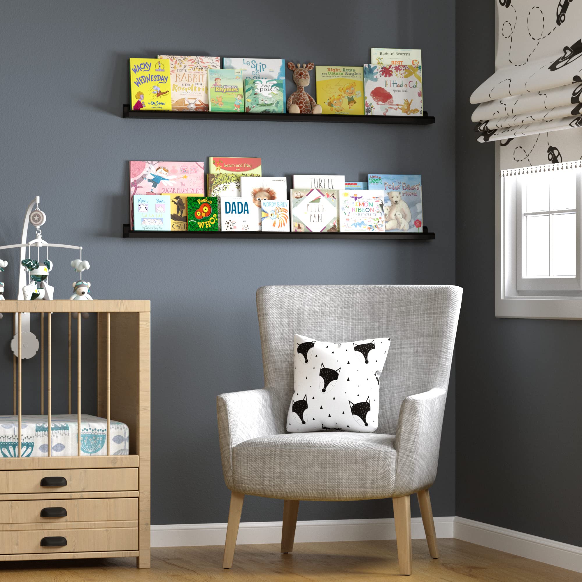 Wallniture Boston 46" Floating Shelves for Wall Decor, Picture Ledge Shelves for Living Room, Nursery, Vinyl Record Holder Black Floating Bookshelf Set of 2