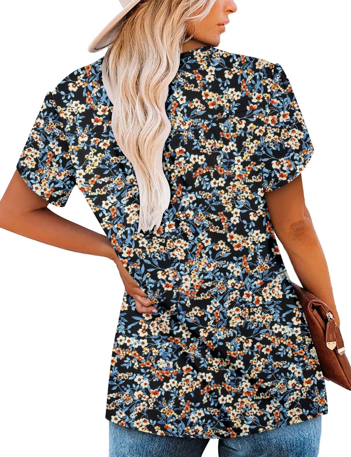 BETTE BOUTIK women's tunics floral crewneck petal short sleeve button down shirts for women loose fit with print BlueFlo Medium