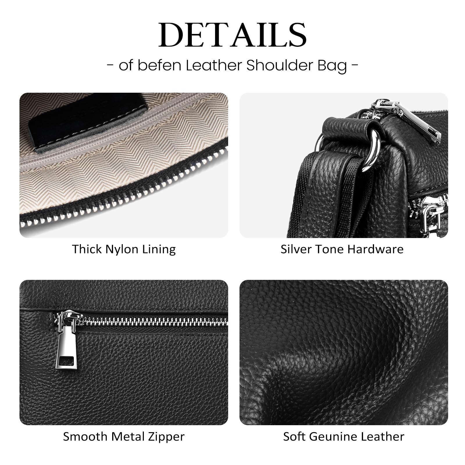 befen Black Genuine Leather Crossbody Bags for Women, Woman Medium Cross Body Shoulder Purses Handbags with Multi Zipper Pockets