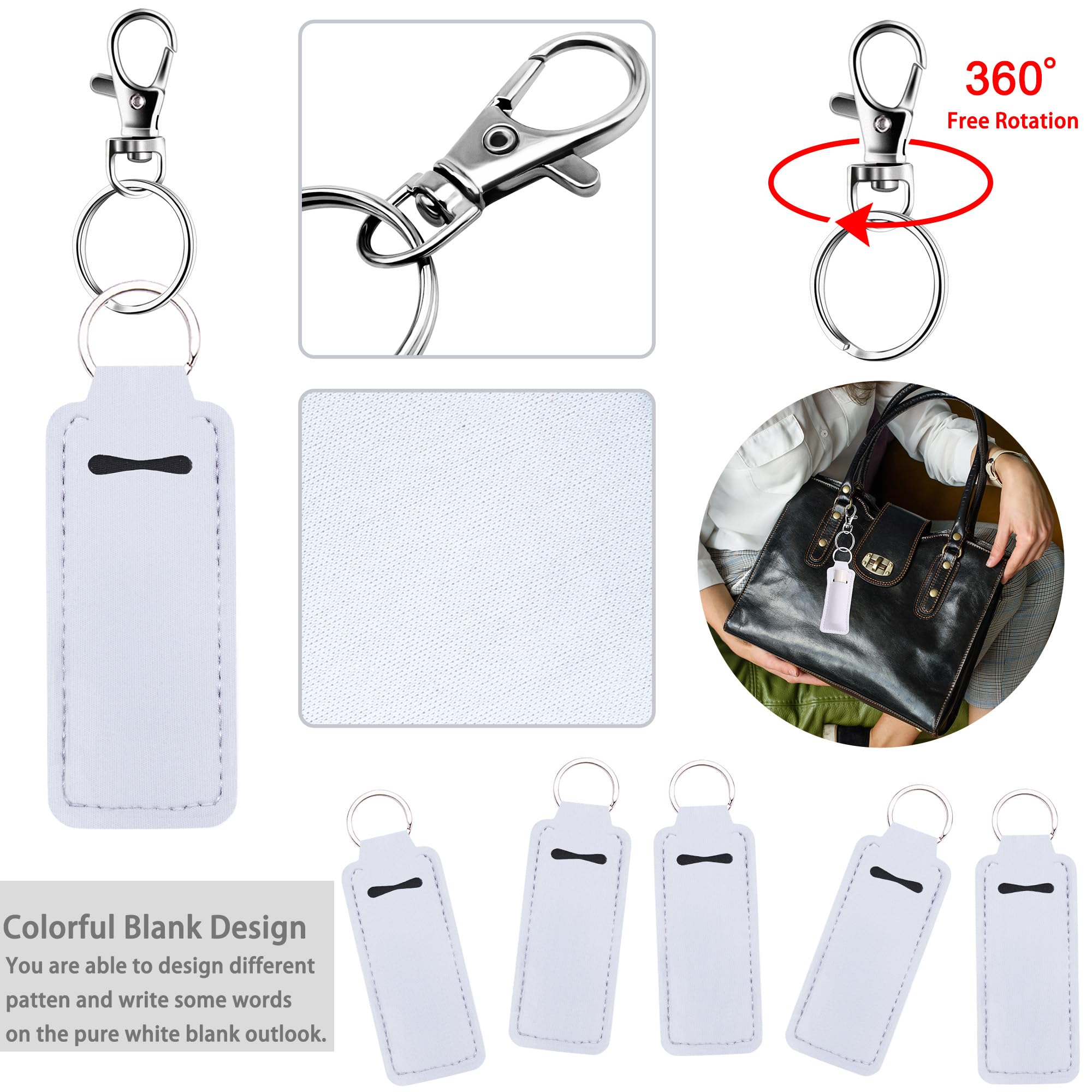 Duufin 20 Pieces Chapstick Holder Keychain Sublimation Chapstick Holder Blank Neoprene Lipstick Keychain Holder Metal Clip Cords Chapstick White Neoprene Chapstick Holder