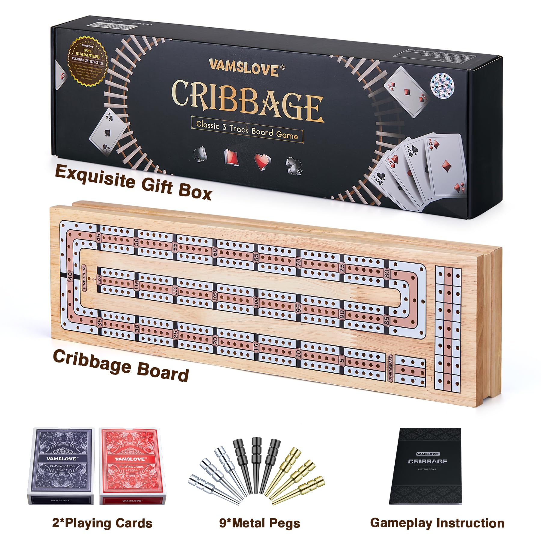 Vamslove Magnetic Cribbage Board 15'' Wooden Folding 3 Track Game Set, w/Instruction, Storage Slots for 2 Playing Cards/Pegs, Card Games for Travel Family Night