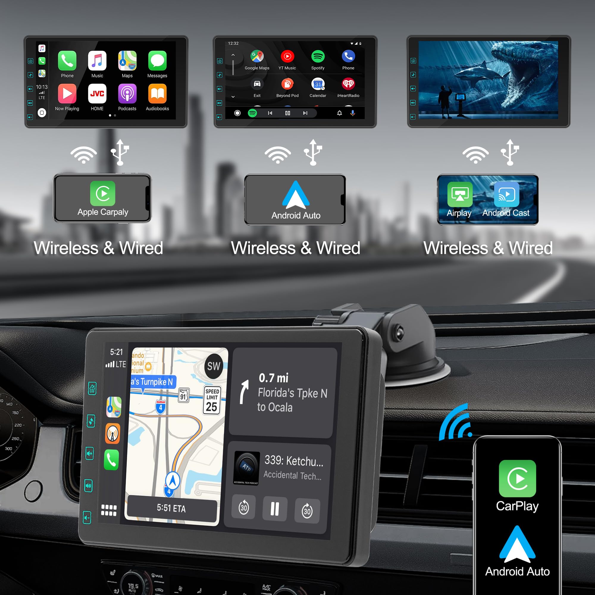 Thebestsvox 7" Wireless Car Stereo with Apple Carplay & 1080P Reverse Camera,Portable Touch Screen Car Play GPS Navigation for Car,Car Audio Receivers with Mirror Link, Android Auto,Bluetooth,FM, Siri