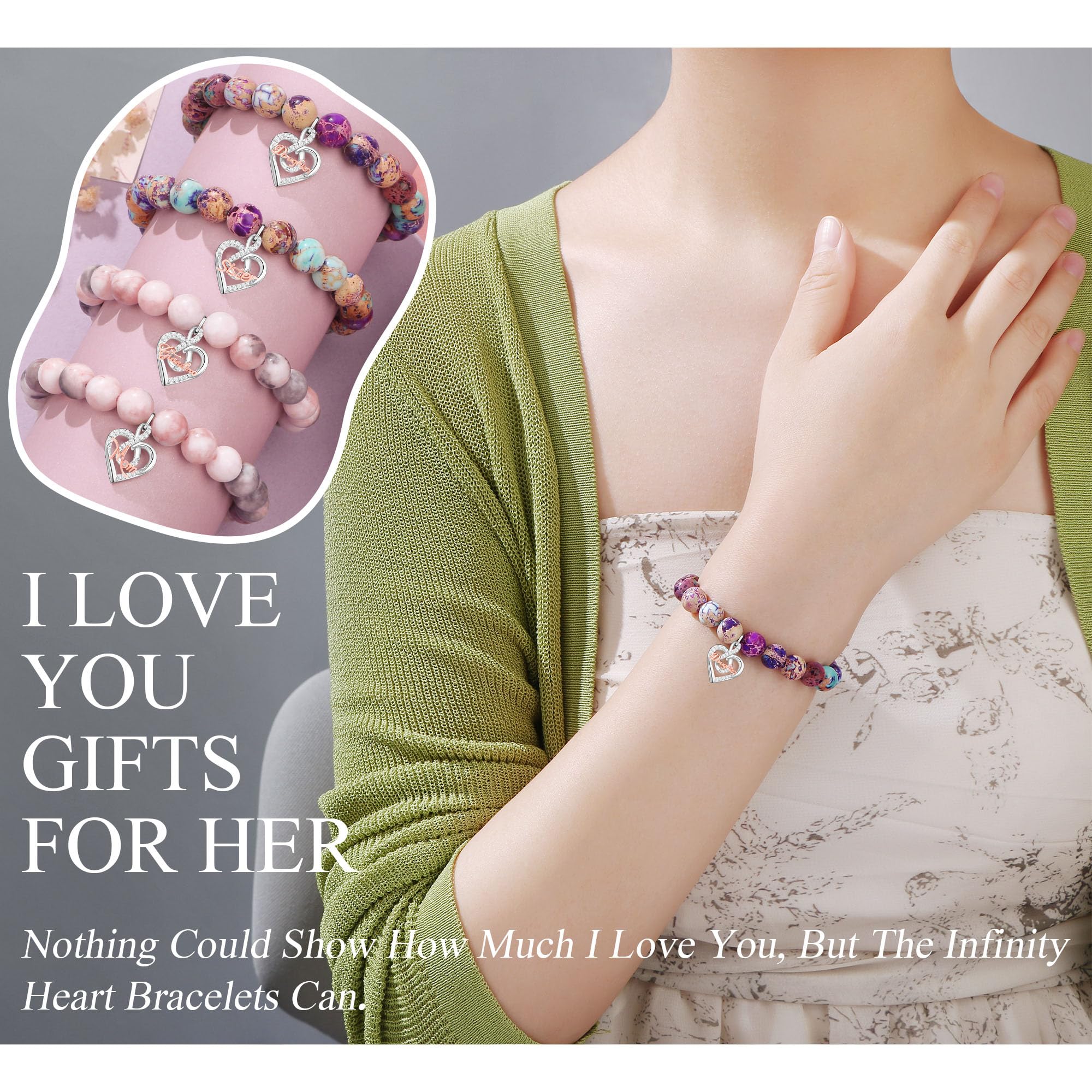 JoycuFF Christmas Birthday Gifts for Sister Bracelet, To My Sisters Gift Gifts from Brother, Christmas Mothers Day Unique Gifts for Sister Colorful Imperial Jasper Natural Stone Bracelets for Women